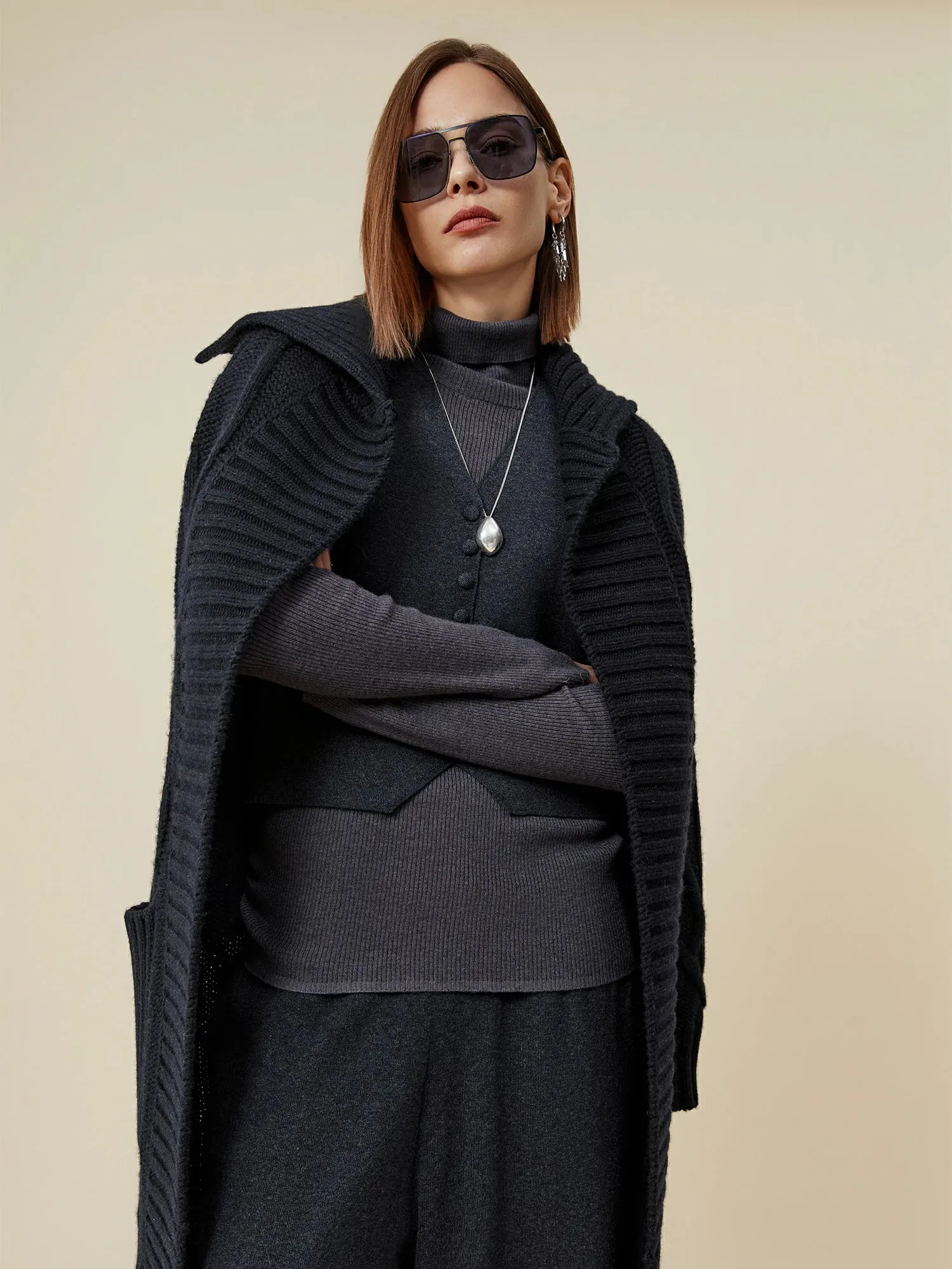 Amoretu 64% Wool Lapel Long Sleeve Knit Long Cardigan