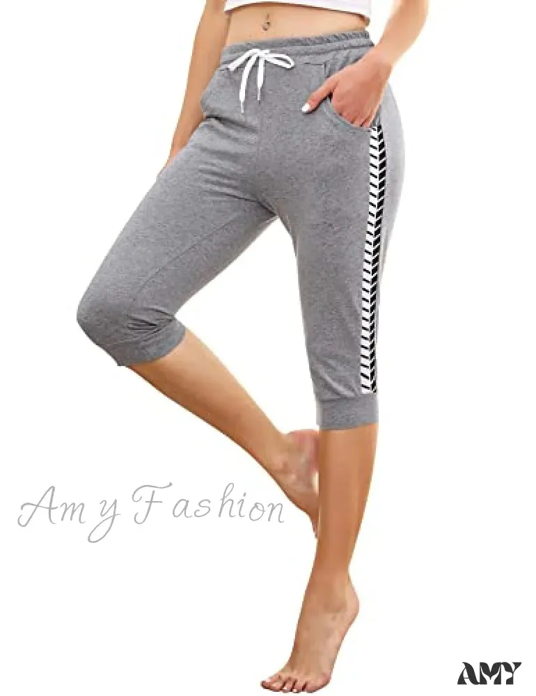 Amy Fashion - Casual Lounge Cotton Yoga Pants Elastic Drawstring Capris