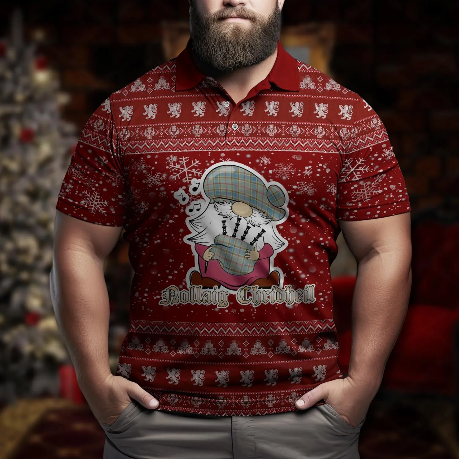 Balfour Blue Clan Christmas Family Polo Shirt with Funny Gnome Playing Bagpipes