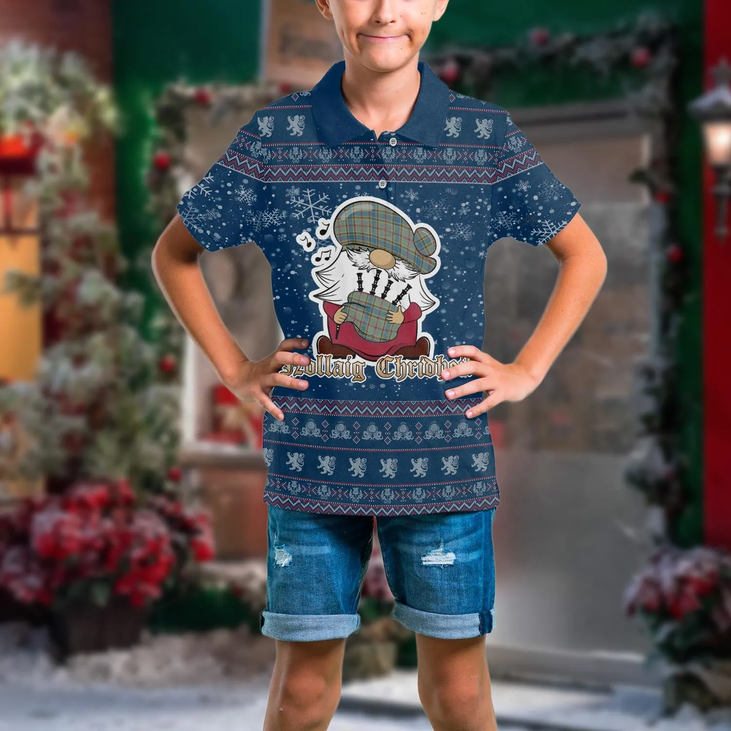 Balfour Blue Clan Christmas Family Polo Shirt with Funny Gnome Playing Bagpipes