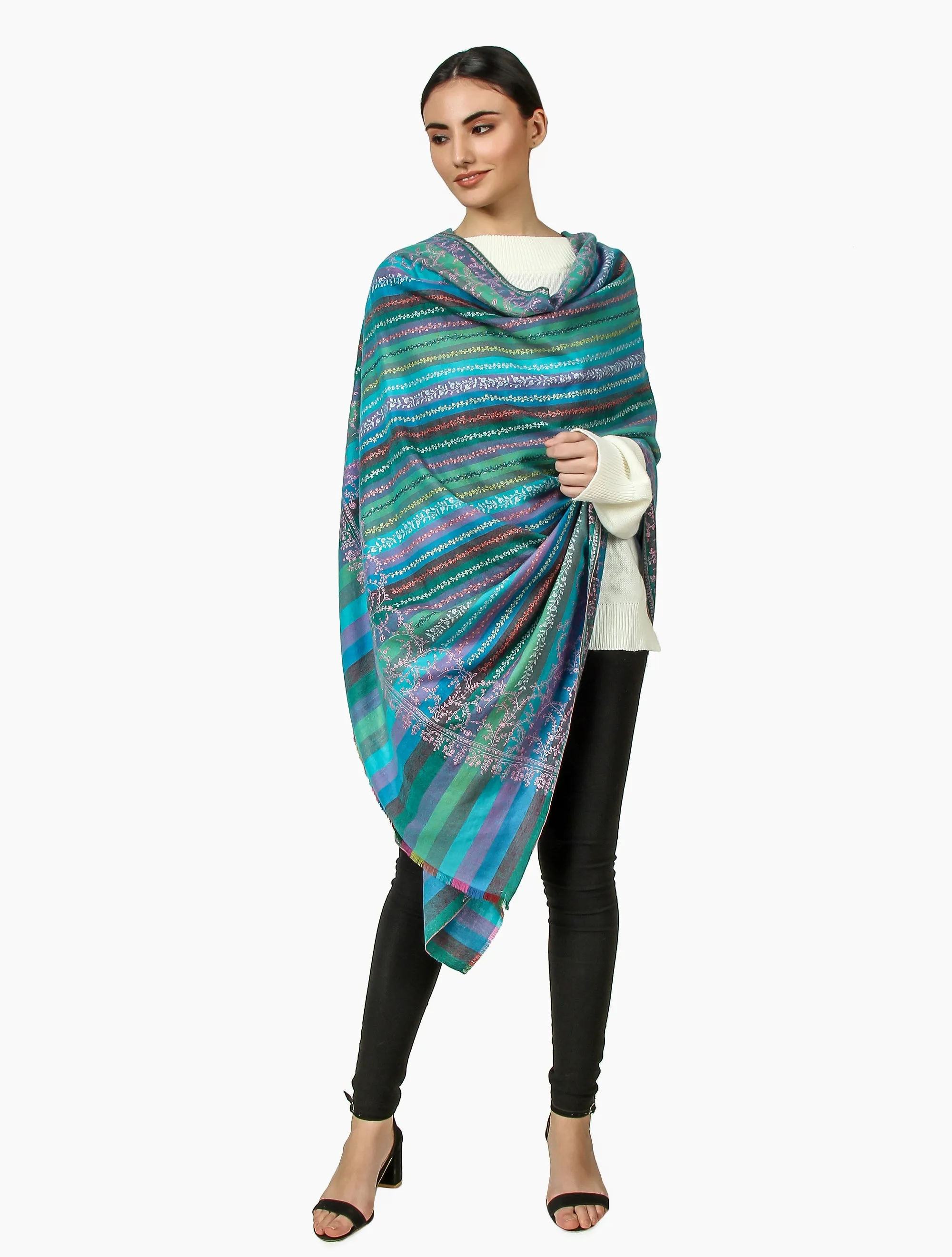 Cashmere Pashmina Shawl Embroidered (Stripe)