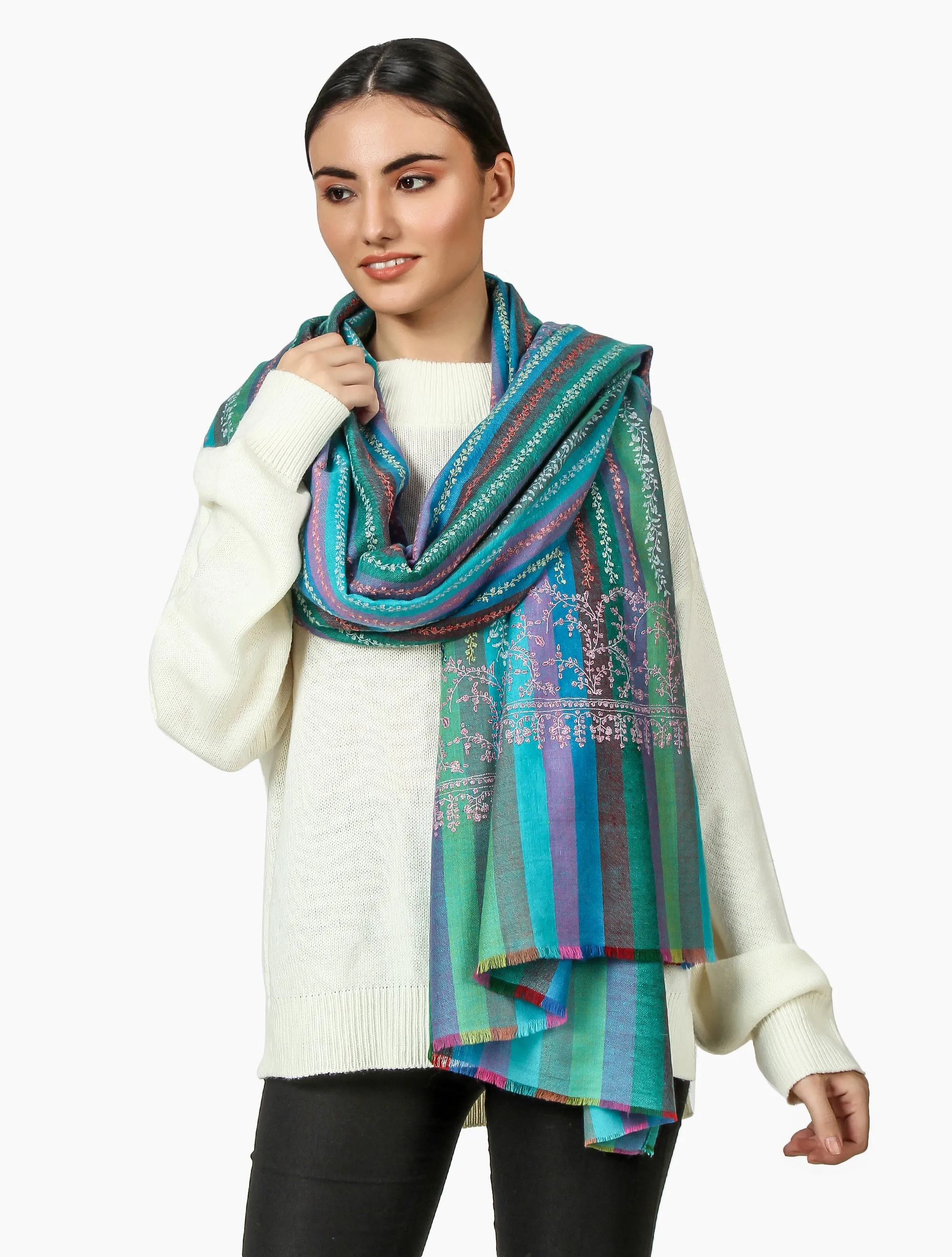 Cashmere Pashmina Shawl Embroidered (Stripe)