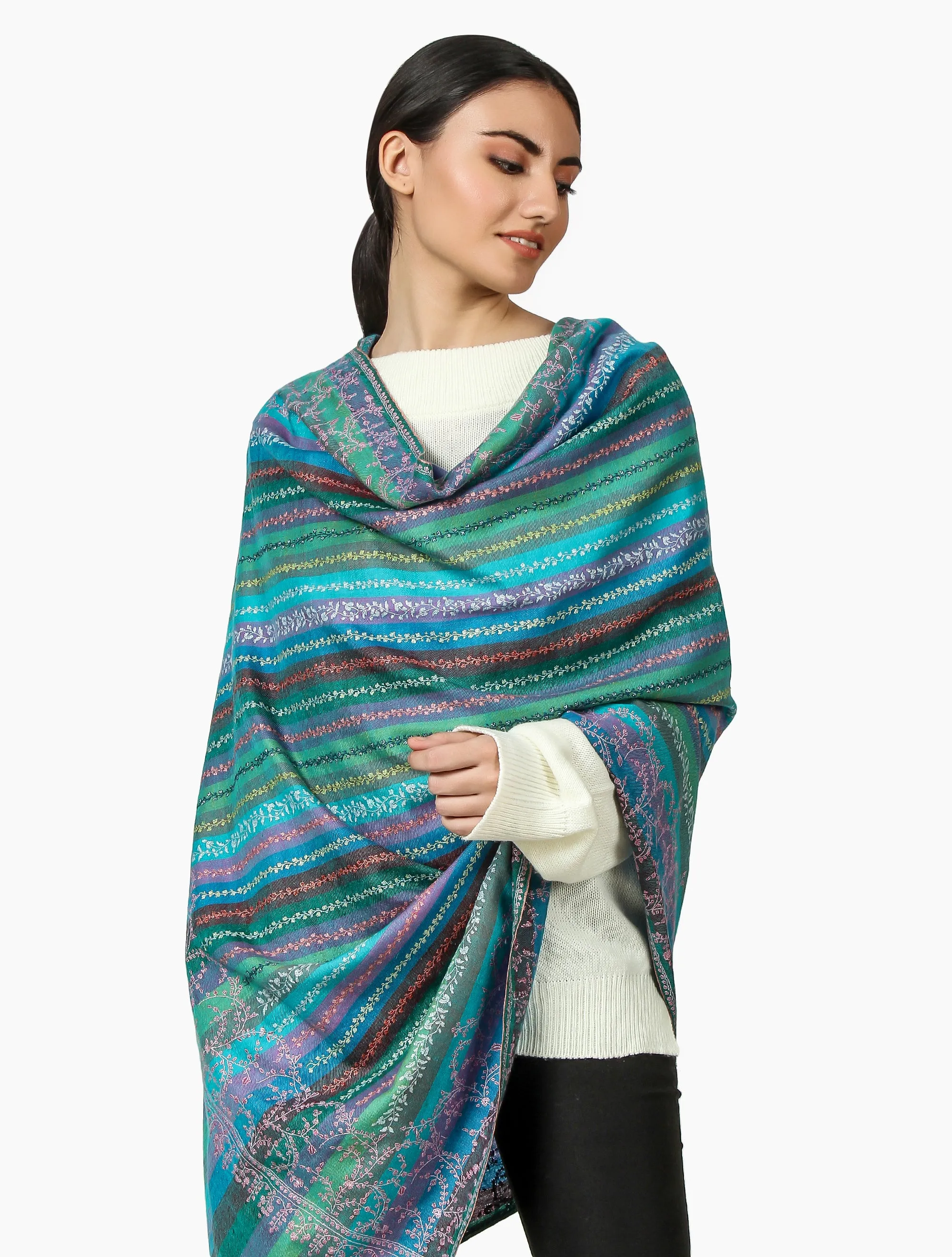 Cashmere Pashmina Shawl Embroidered (Stripe)