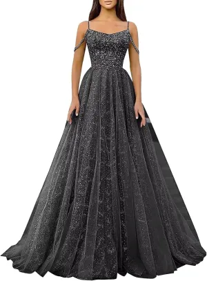 Cold Shoulder Sequin Prom Dresses Sparkly Glitter Tulle Long Ball Gowns for Women Formal