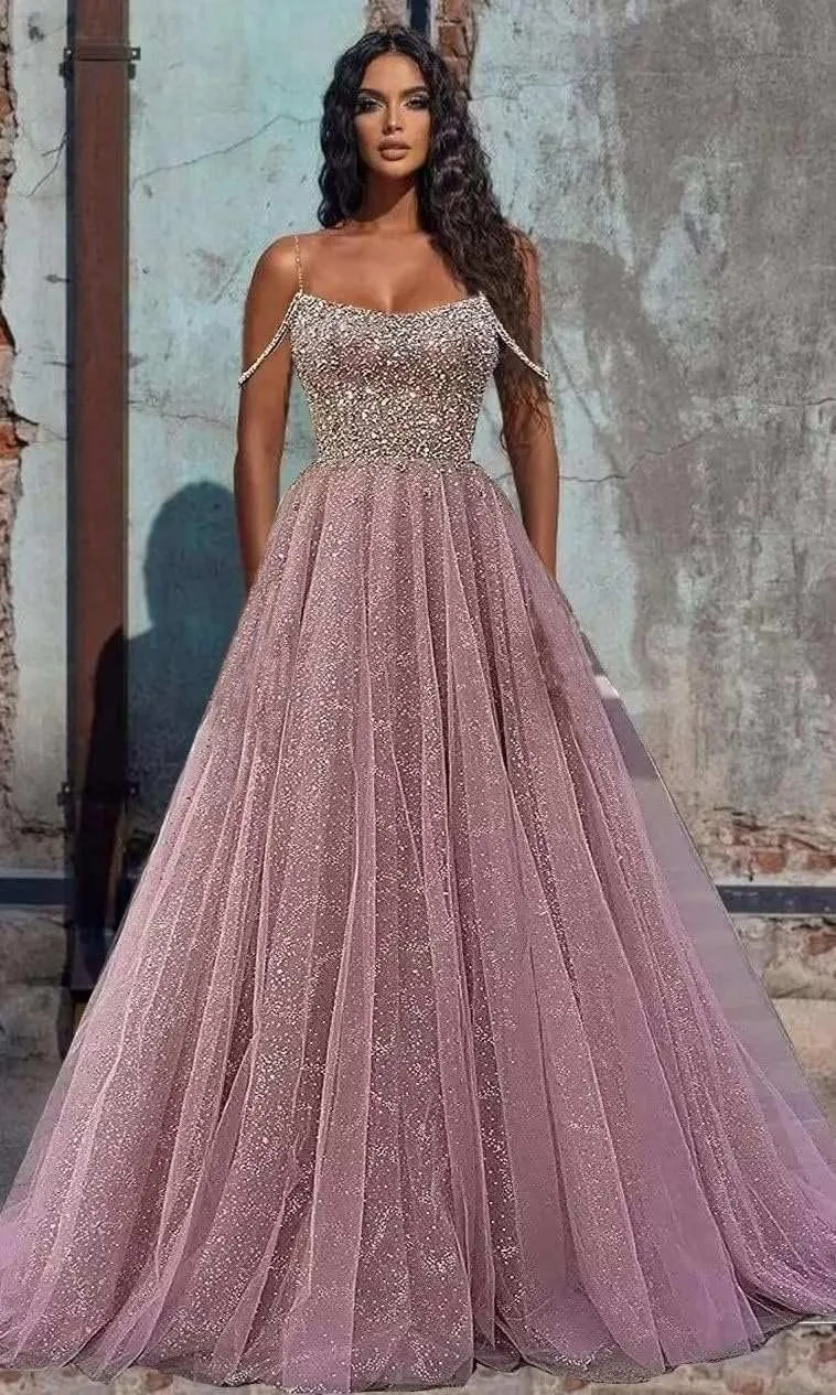 Cold Shoulder Sequin Prom Dresses Sparkly Glitter Tulle Long Ball Gowns for Women Formal