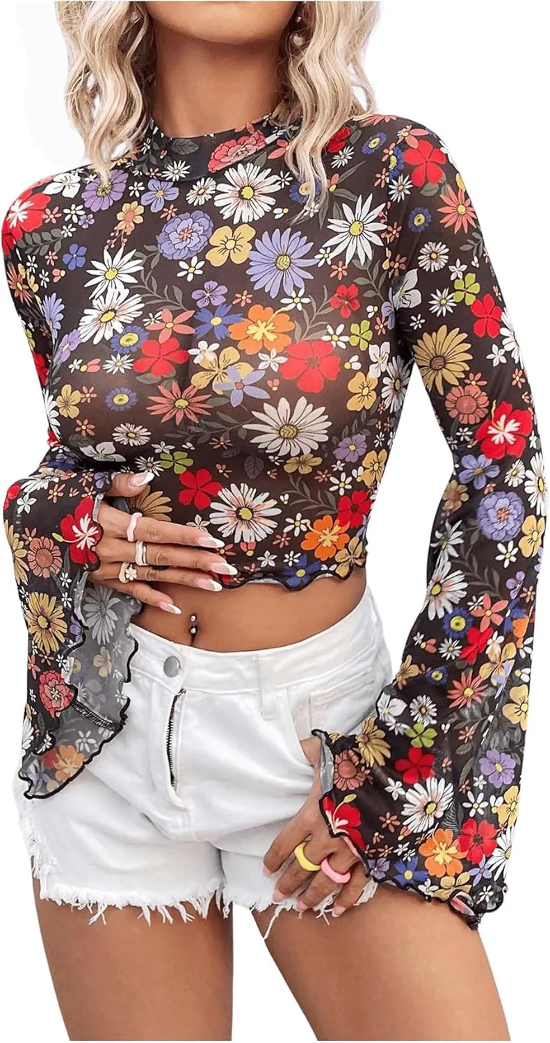 Floerns Women's Long Sleeve See Though Sheer Mesh Crop Tee Tops