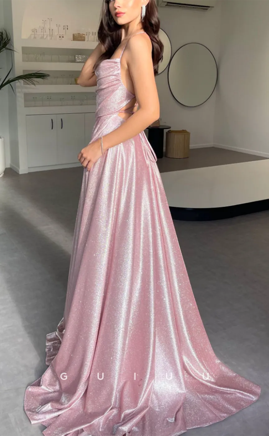 G3243 - Chic & Modern Glitter Straps Pleats Pink Long Formal Prom Dresses