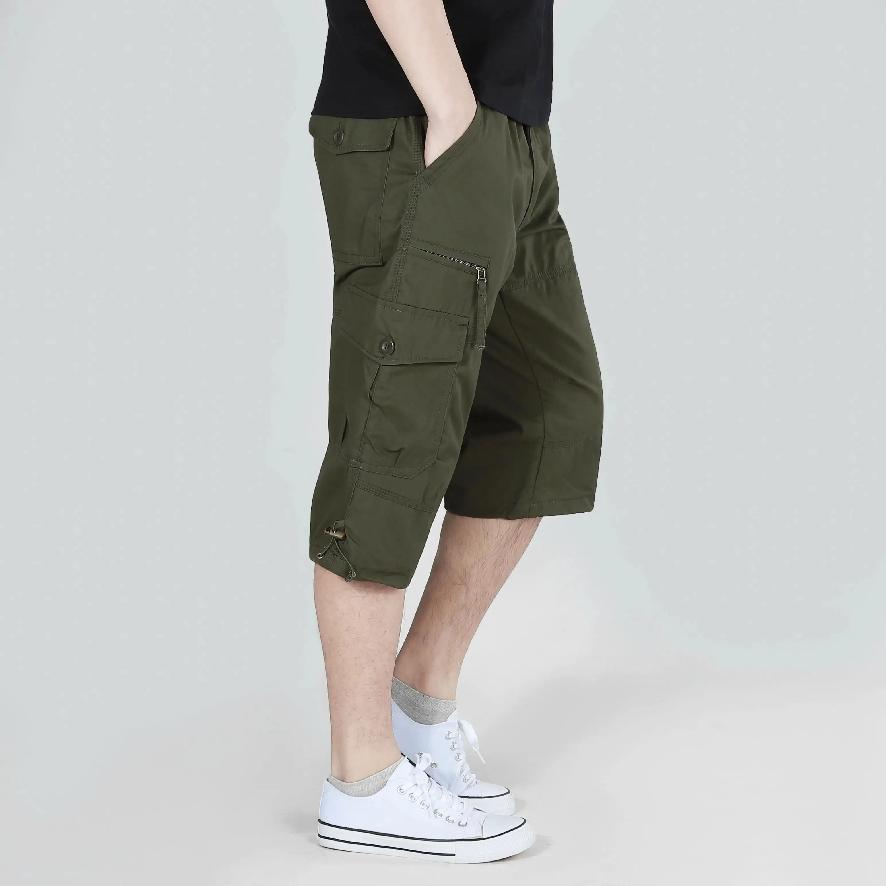 Hnzxzm Military Men Outdoor Baggy Tactical Capris Summer Thin Elastic Waist Pocket Casual Versatile Pure Cotton New Calf-Length Pants