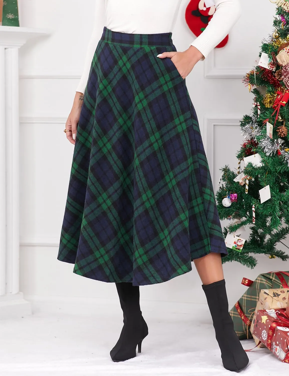 IDEALSANXUN Womens Plaid Wool Skirts Elastic Waist A-Line Pleated Tartan Long Skirts