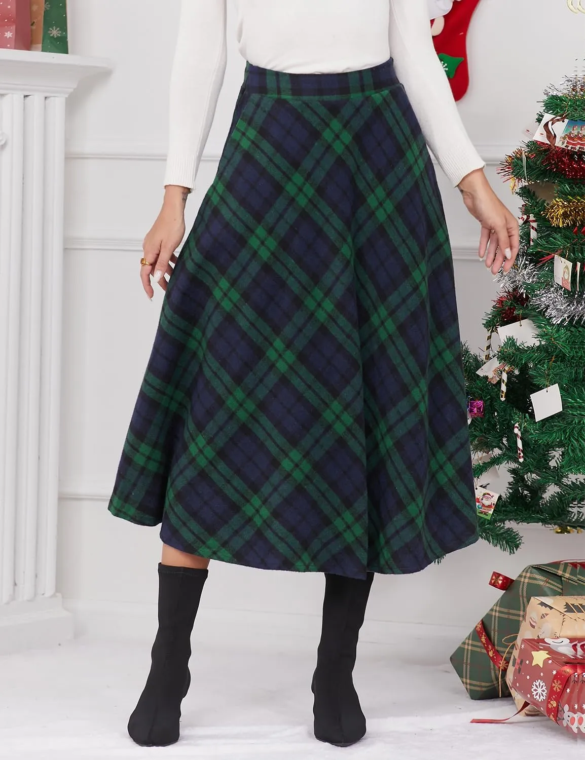 IDEALSANXUN Womens Plaid Wool Skirts Elastic Waist A-Line Pleated Tartan Long Skirts