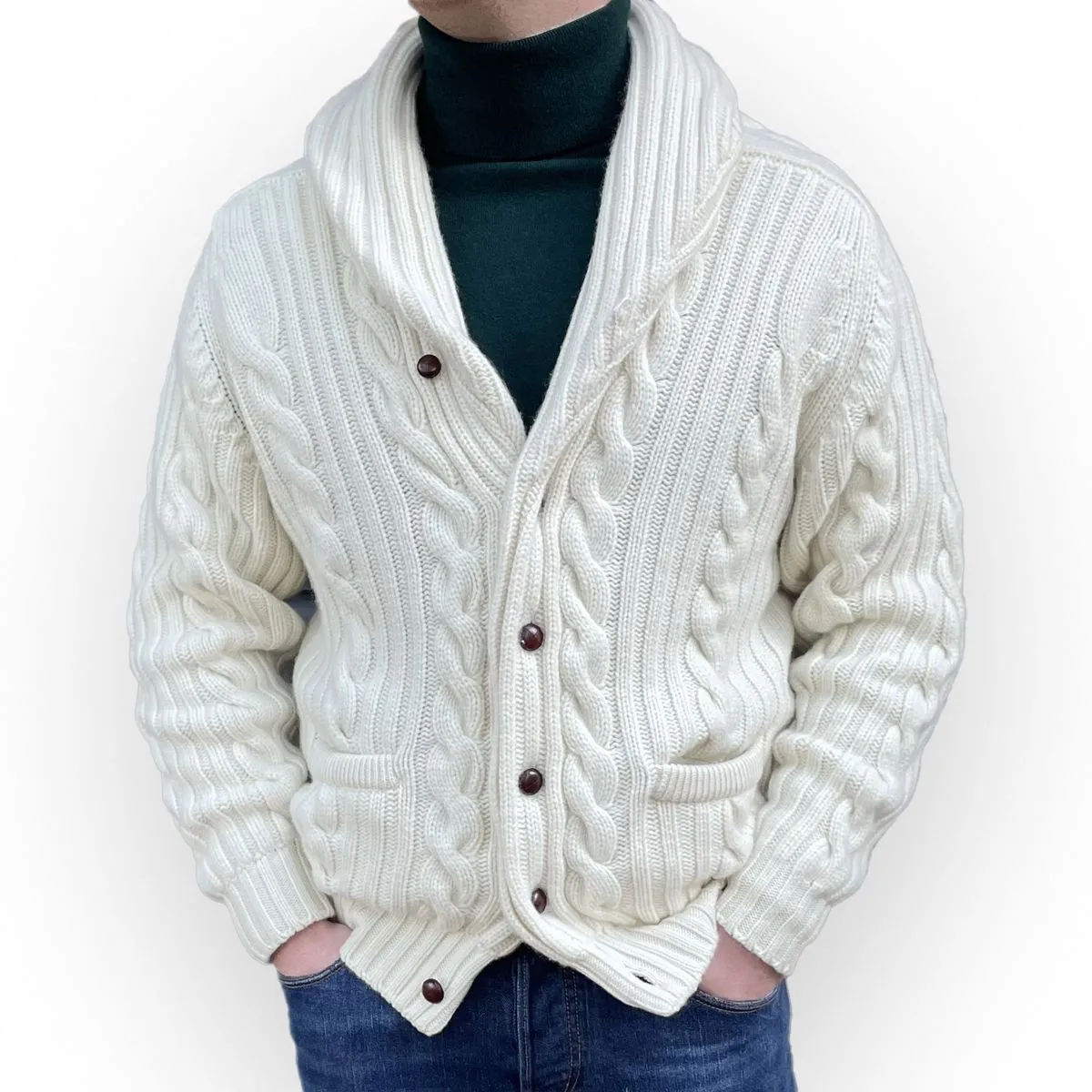 Inchiostro Blue Balmour 8Ply Shawl Collar Cable Cashmere Cardigan