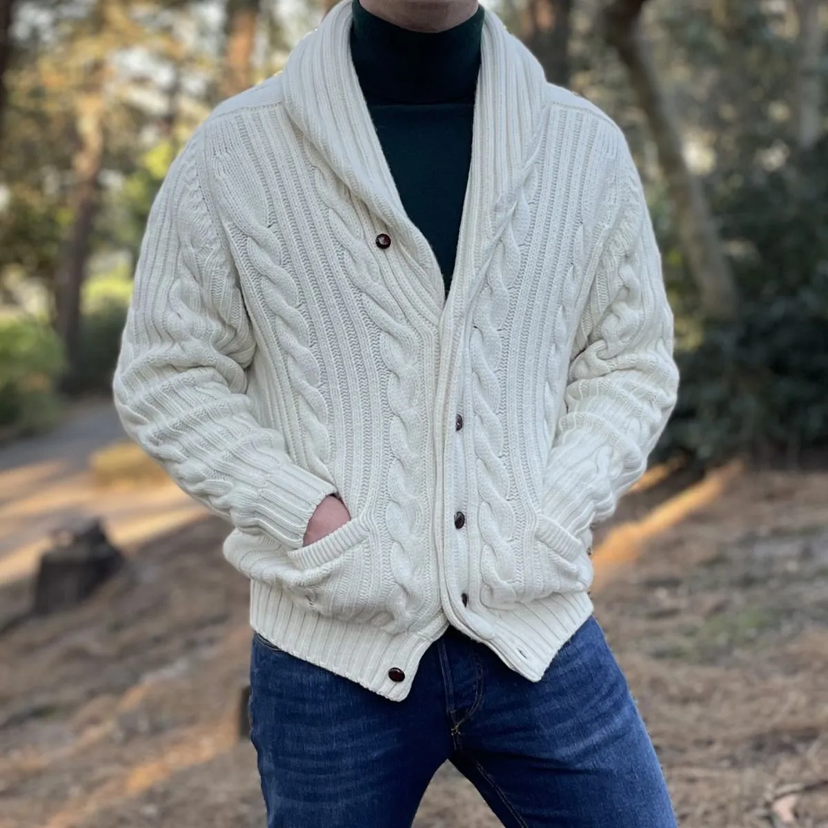 Inchiostro Blue Balmour 8Ply Shawl Collar Cable Cashmere Cardigan