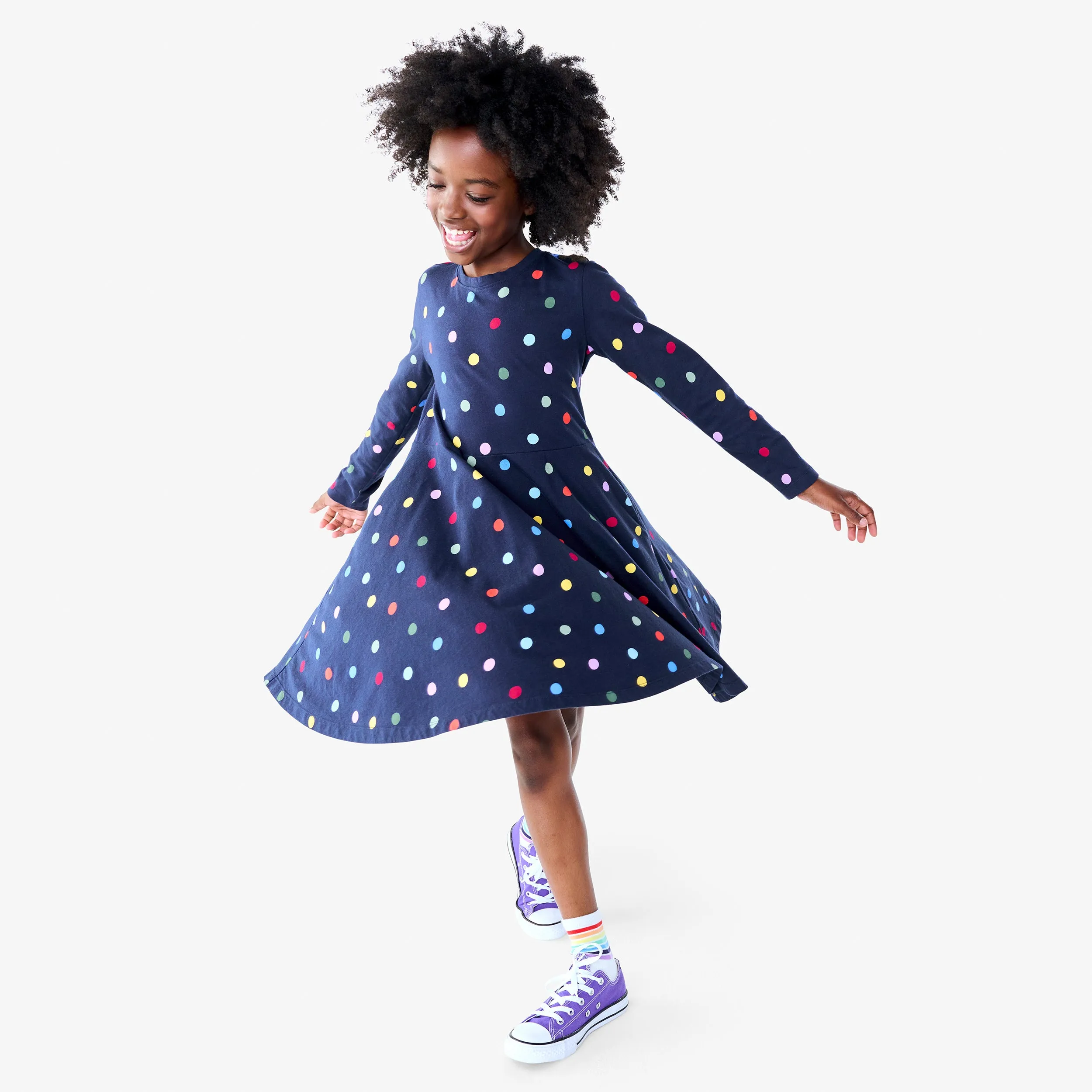Kids long sleeve twirly dress in confetti dots