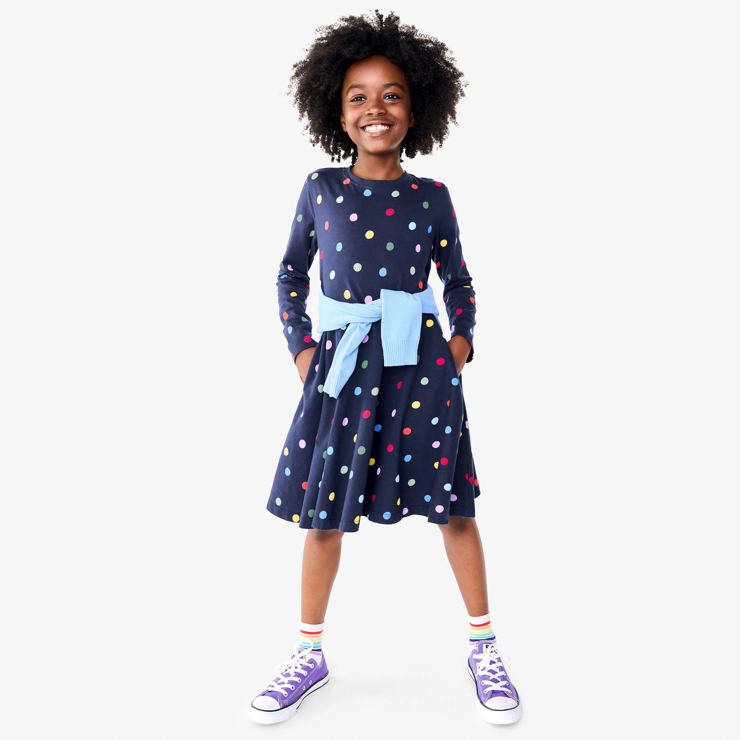 Kids long sleeve twirly dress in confetti dots