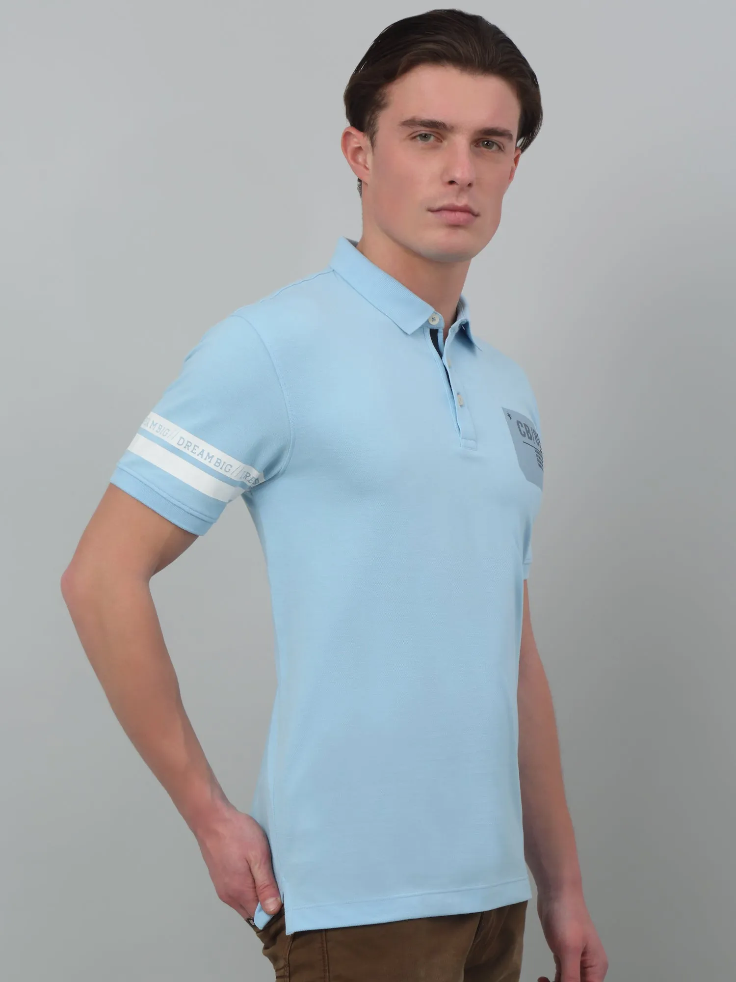 Men's Light Blue Polo neck Half Sleeve T-Shirt with chest & sleeve print