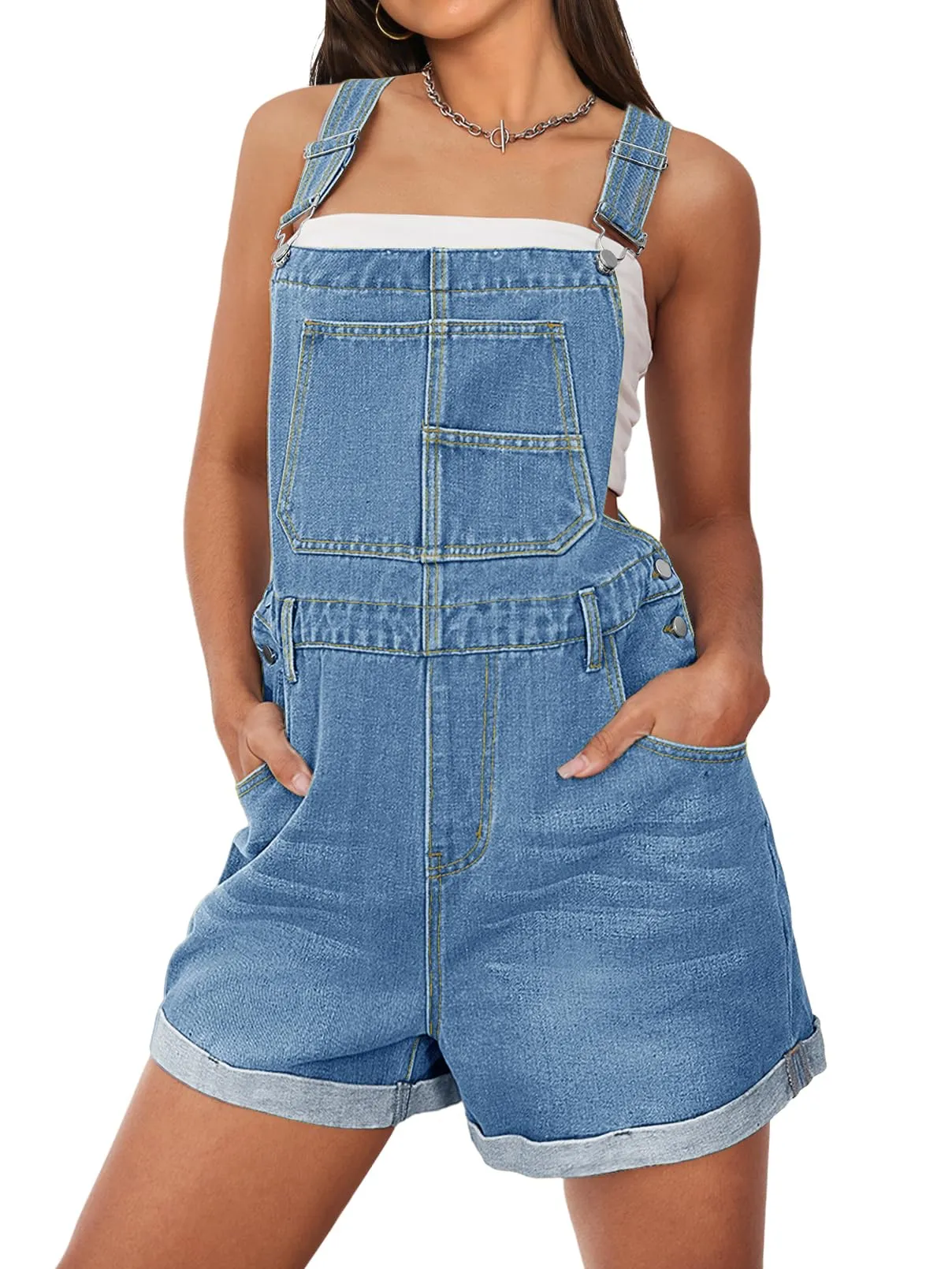 MEROKEETY Adjustable Straps Shorts Cuffed Jean Romper
