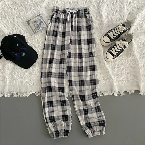 Pants Women New Bunch Of Feet Fashion Plus Size Black Plaid Summer