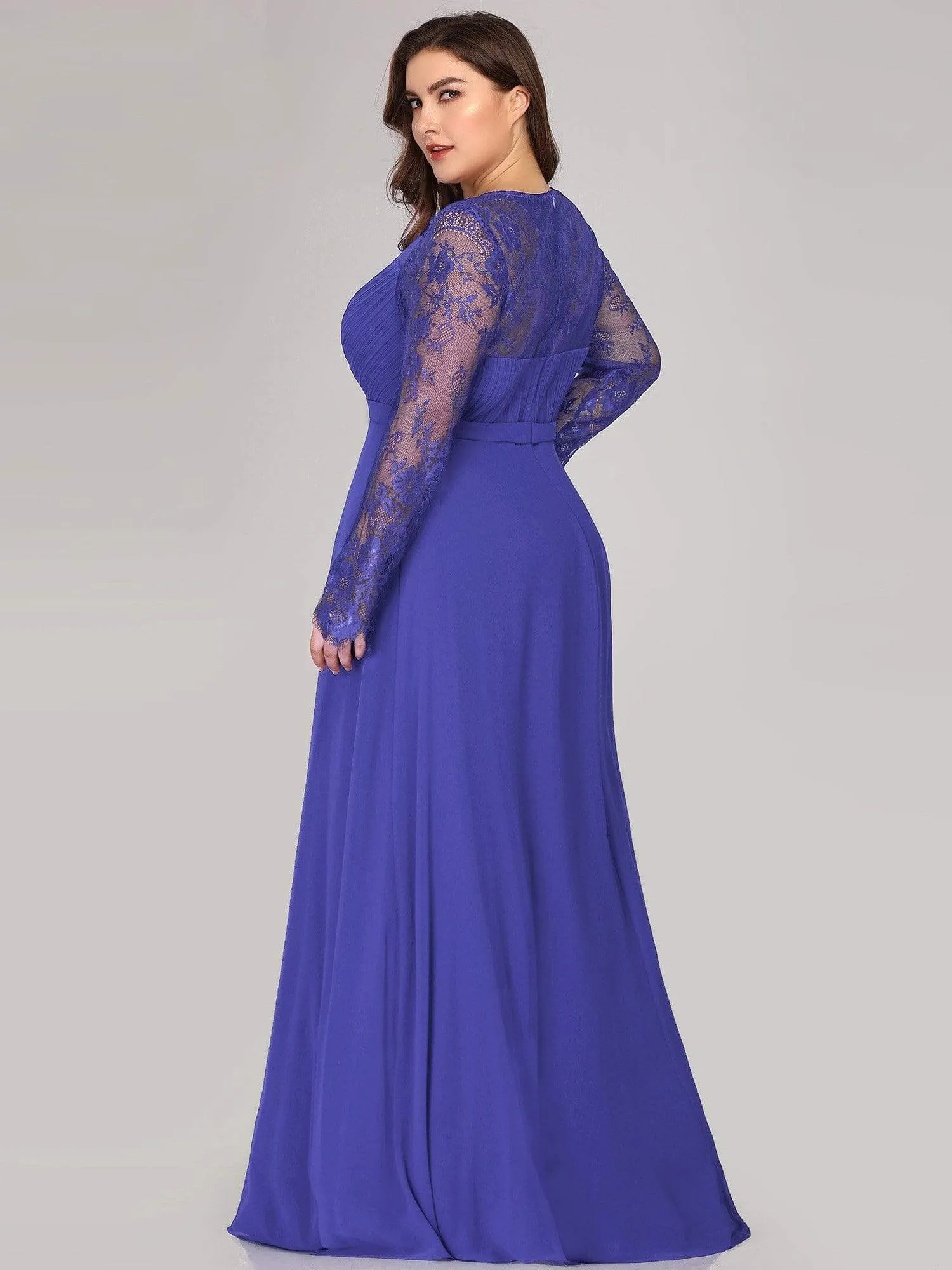 Plus Size V Neck Long Evening Gowns with Lace Sleeves