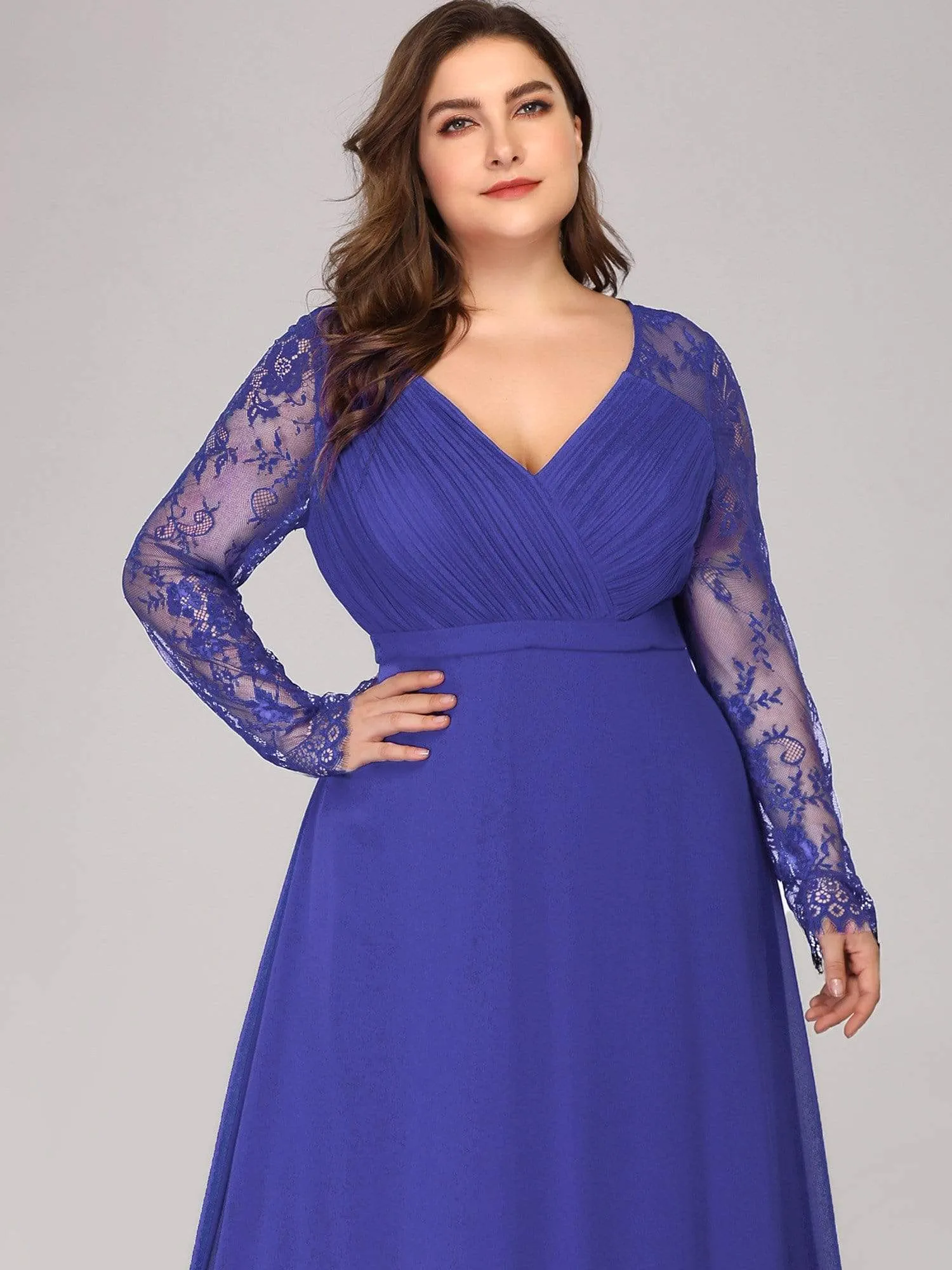 Plus Size V Neck Long Evening Gowns with Lace Sleeves