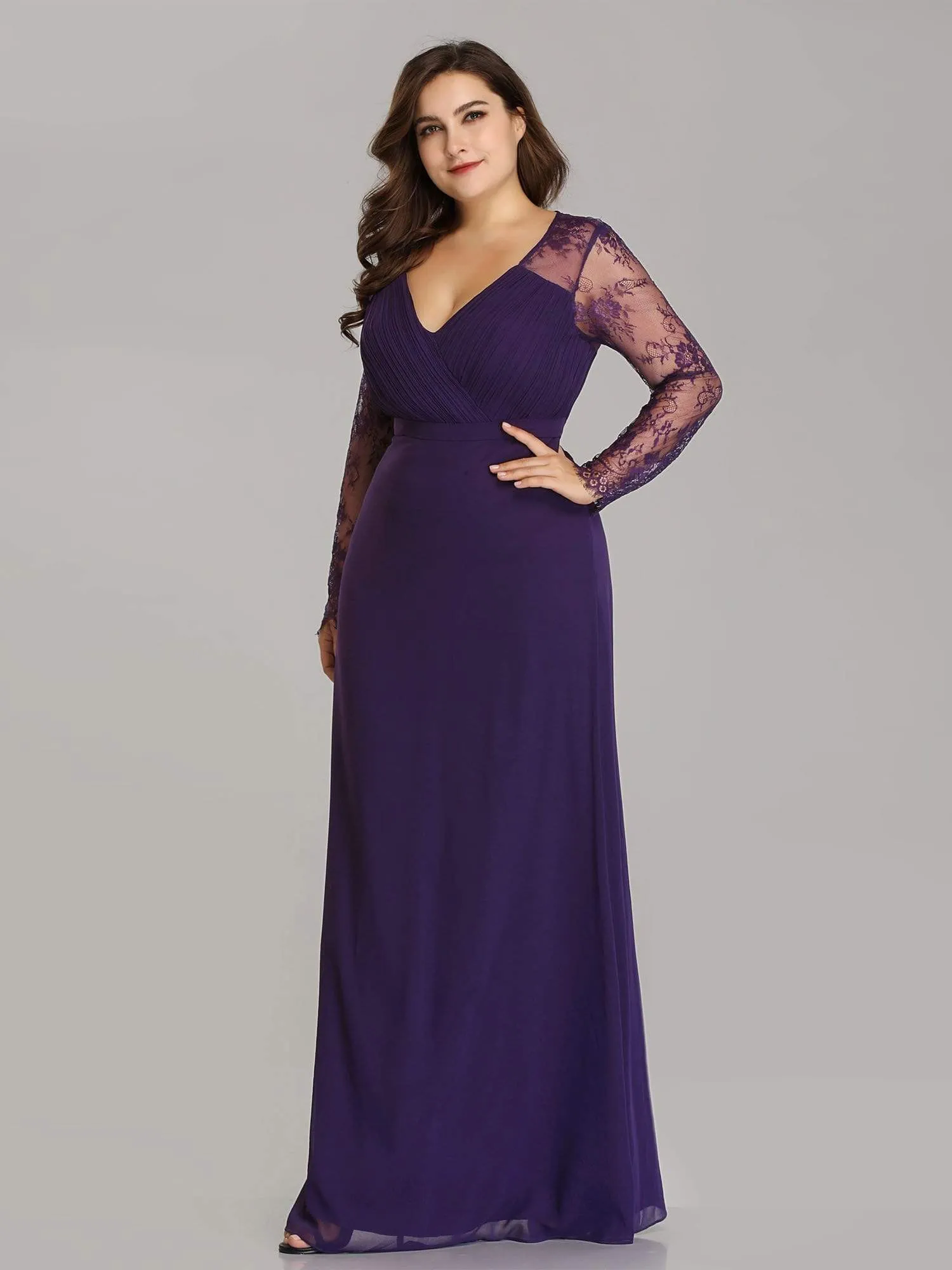 Plus Size V Neck Long Evening Gowns with Lace Sleeves