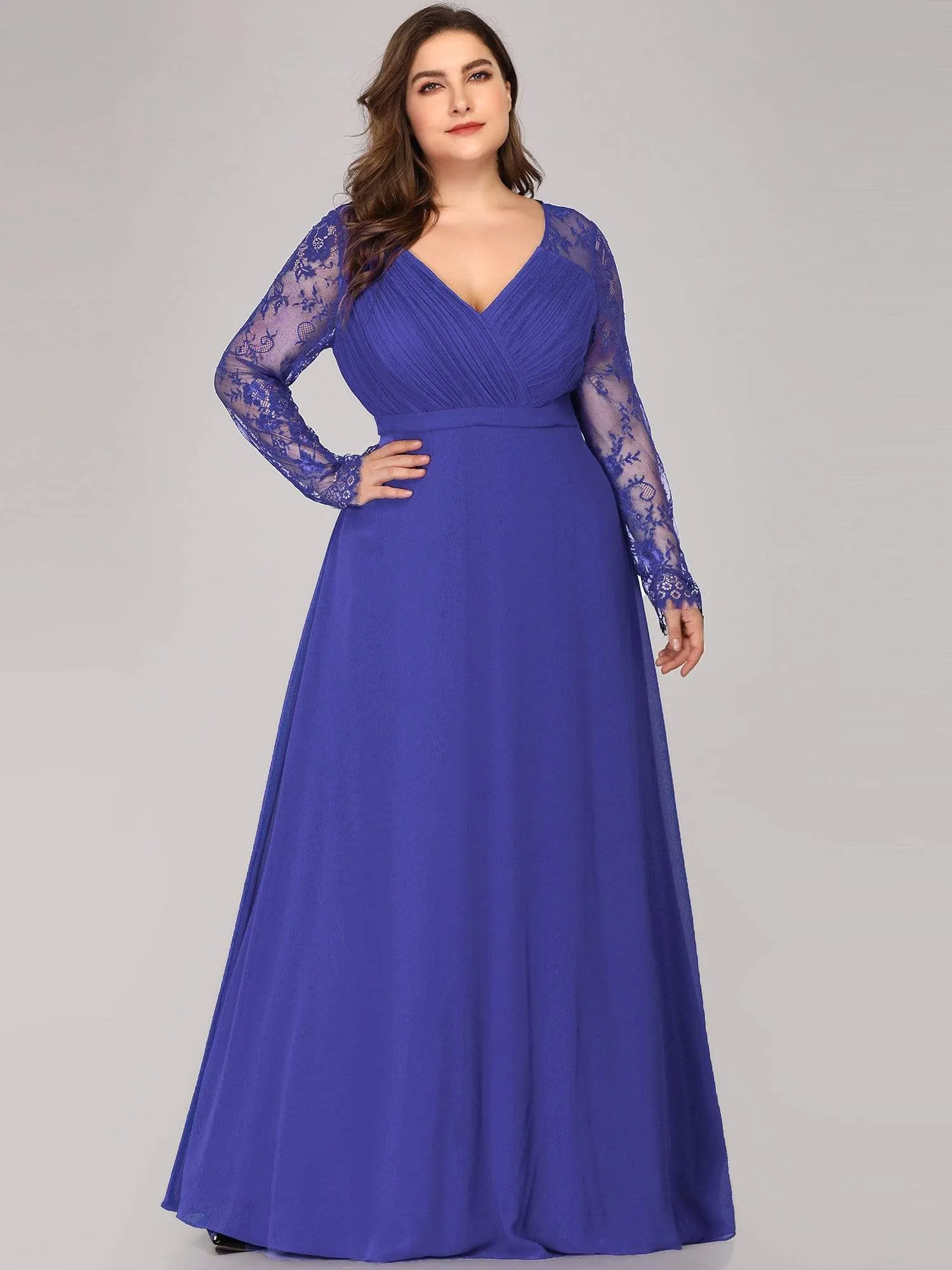 Plus Size V Neck Long Evening Gowns with Lace Sleeves