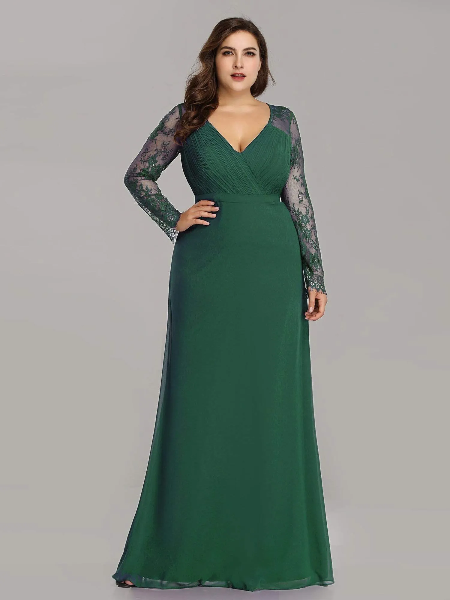 Plus Size V Neck Long Evening Gowns with Lace Sleeves