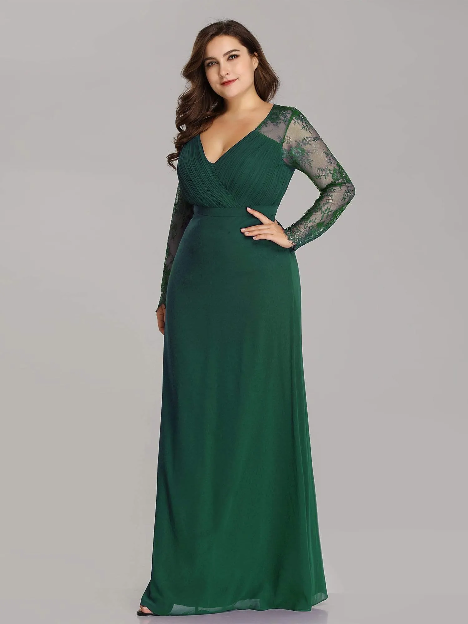 Plus Size V Neck Long Evening Gowns with Lace Sleeves