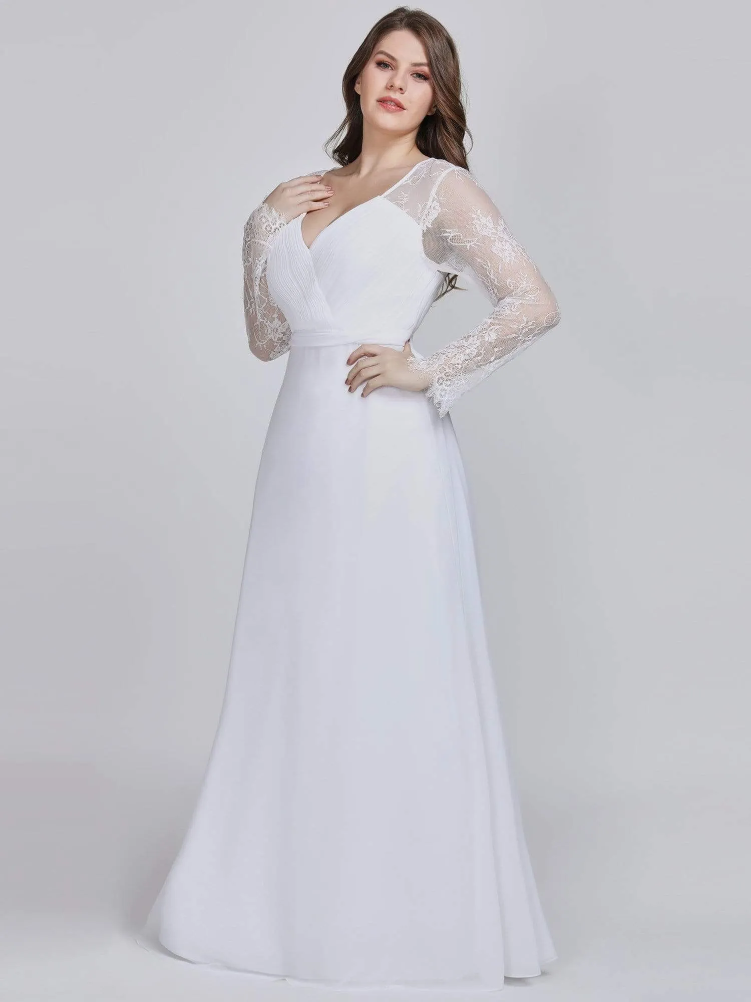 Plus Size V Neck Long Evening Gowns with Lace Sleeves