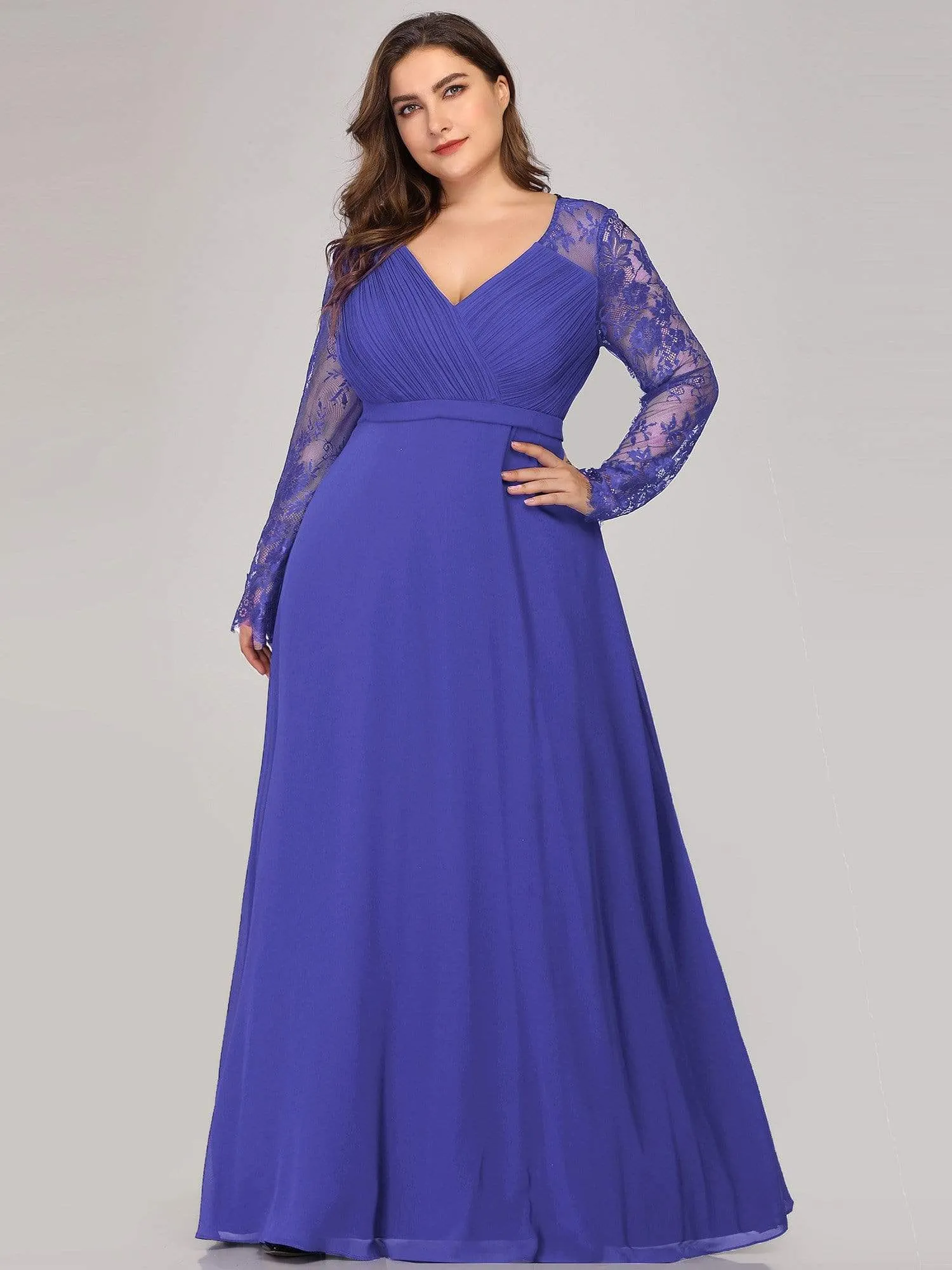 Plus Size V Neck Long Evening Gowns with Lace Sleeves