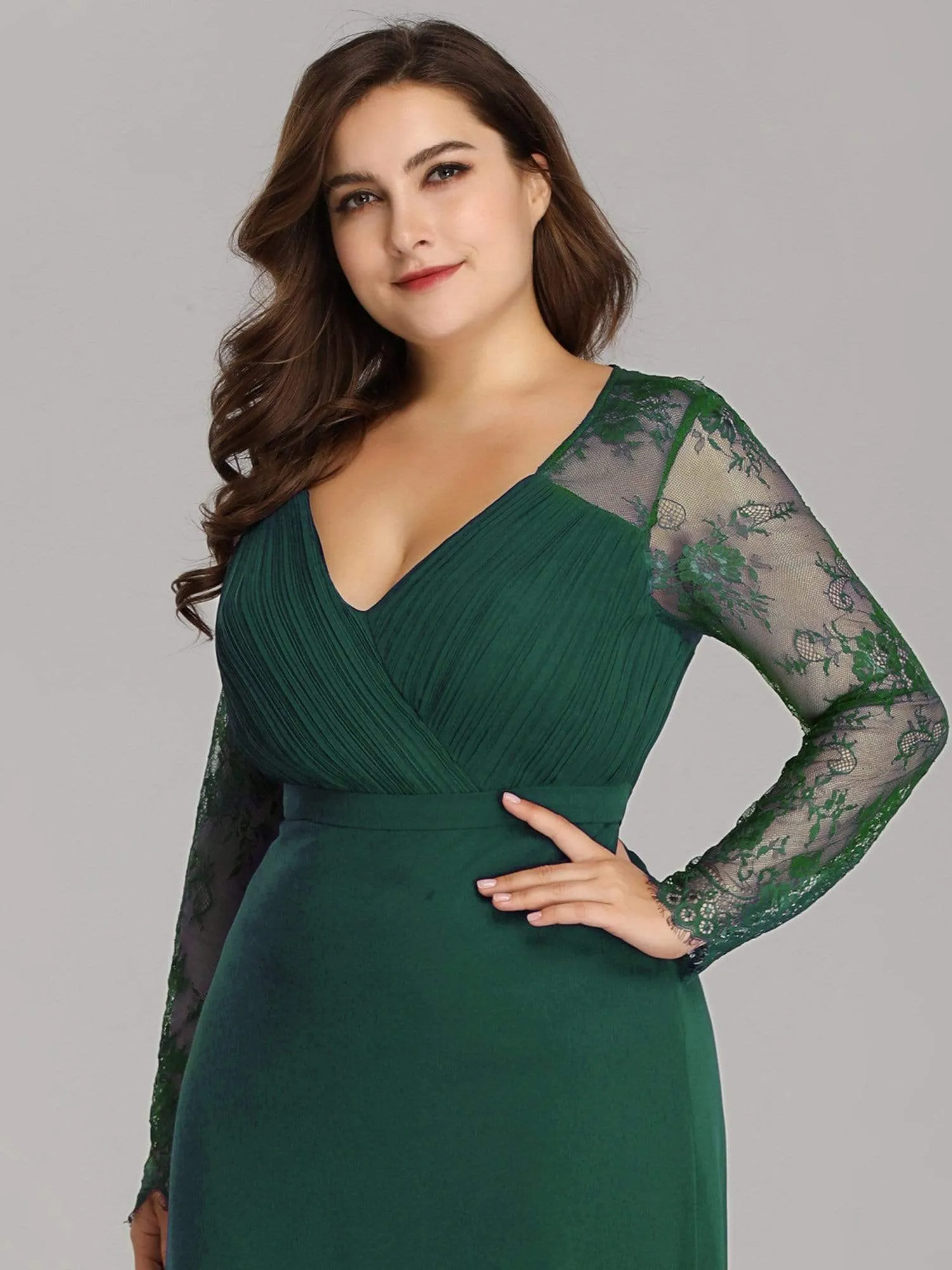 Plus Size V Neck Long Evening Gowns with Lace Sleeves