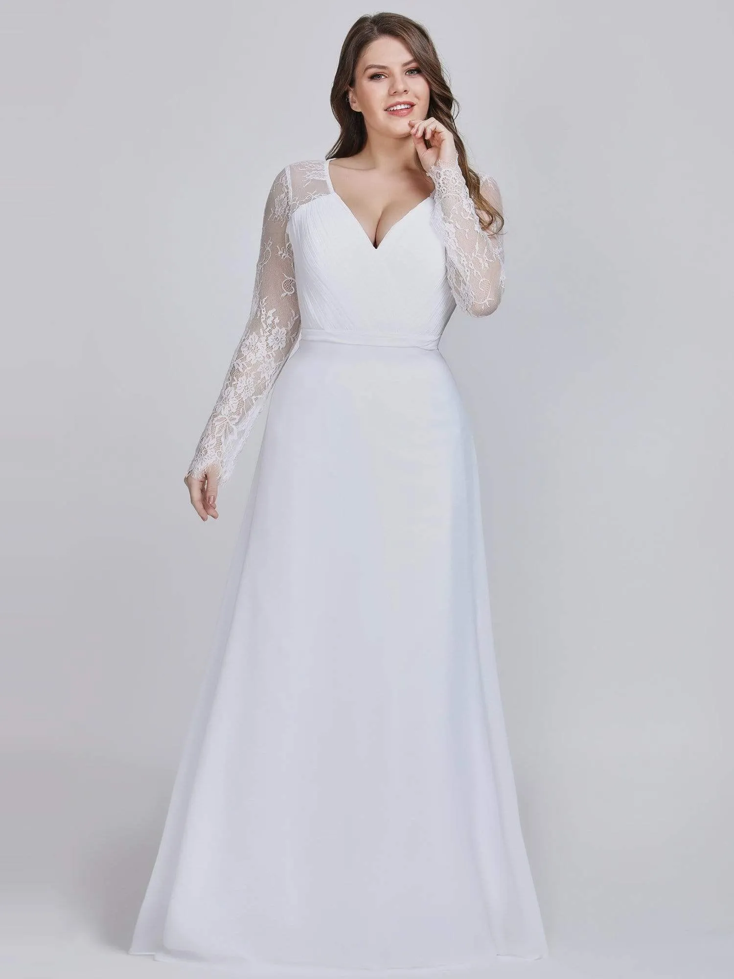 Plus Size V Neck Long Evening Gowns with Lace Sleeves