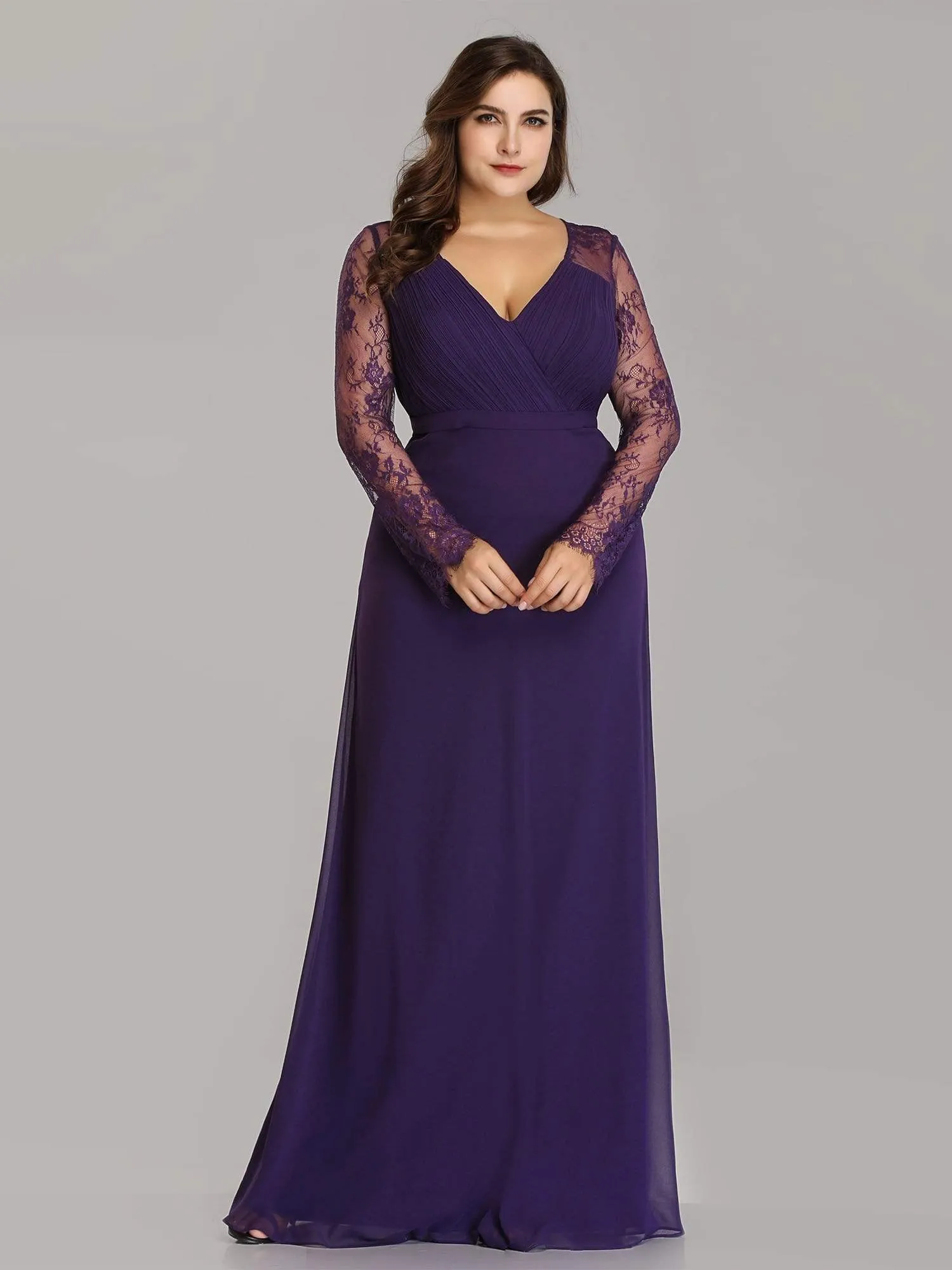 Plus Size V Neck Long Evening Gowns with Lace Sleeves