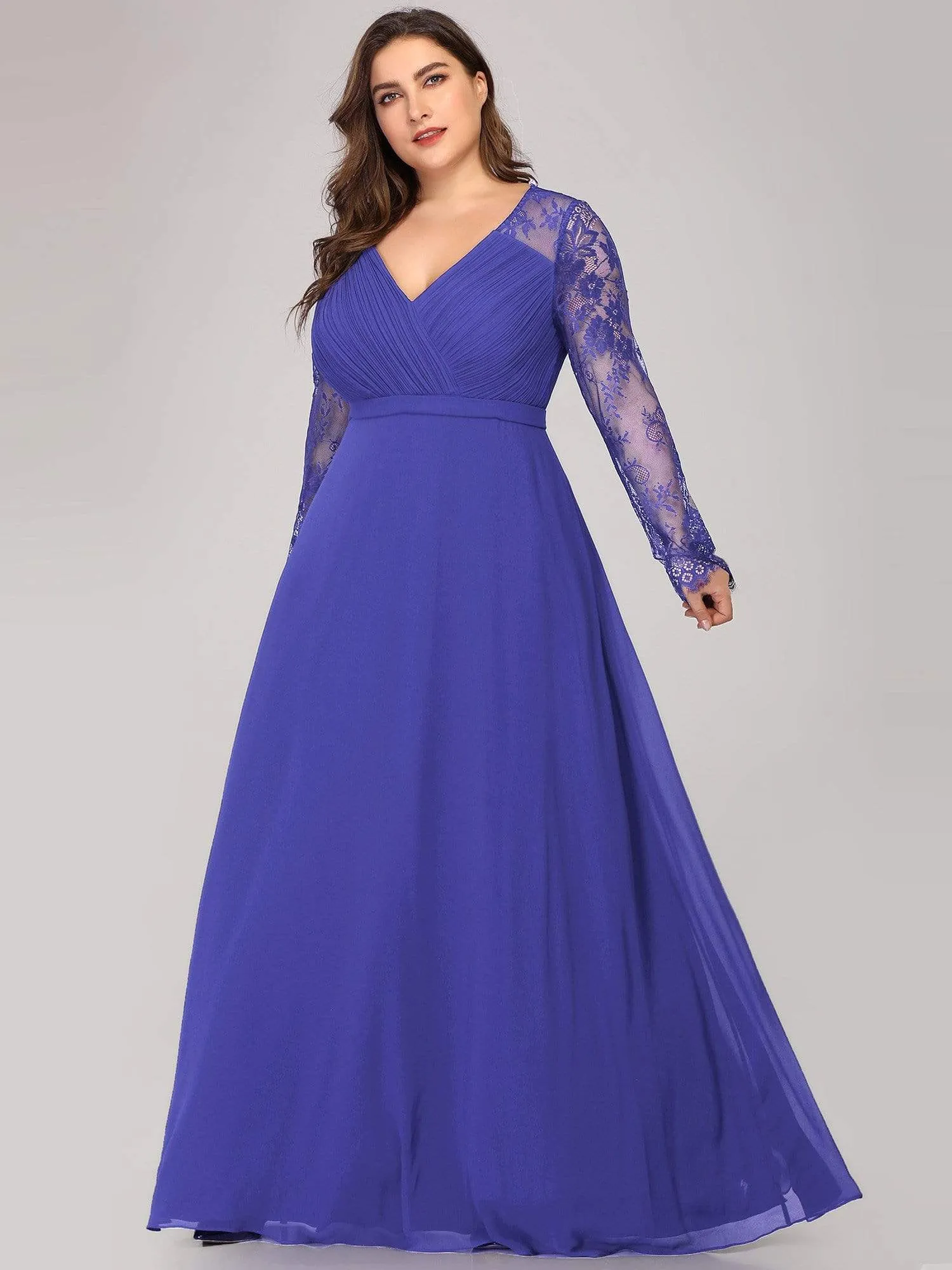 Plus Size V Neck Long Evening Gowns with Lace Sleeves