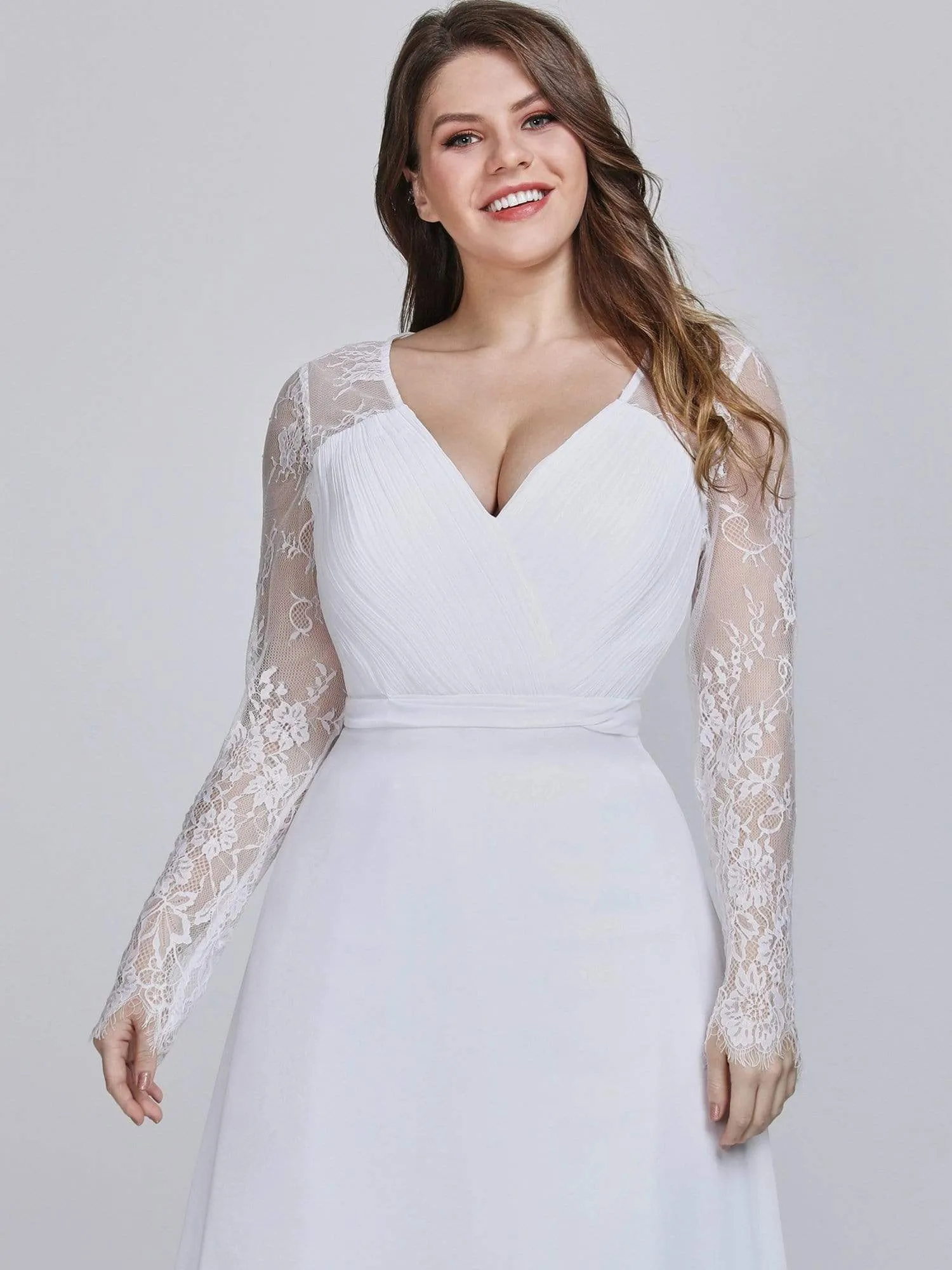 Plus Size V Neck Long Evening Gowns with Lace Sleeves