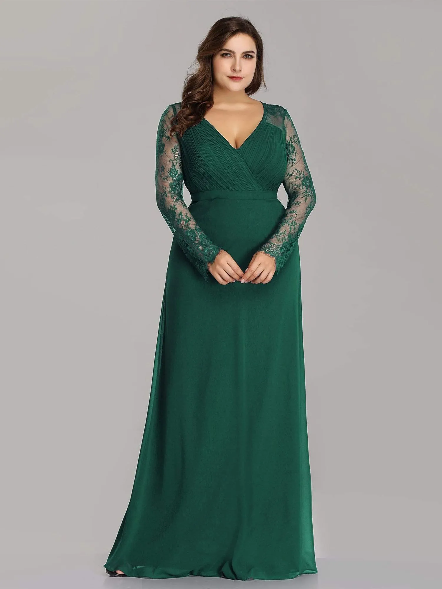 Plus Size V Neck Long Evening Gowns with Lace Sleeves