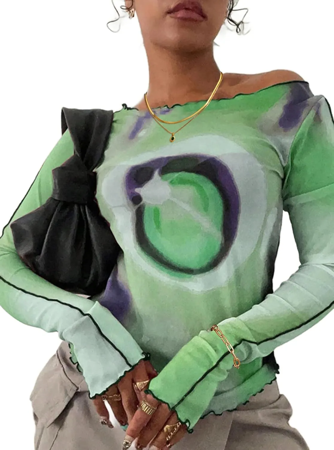 Remidoo Women's Sexy Sheer Mesh Crop Top Long Sleeve Crewneck See Through T Shirt