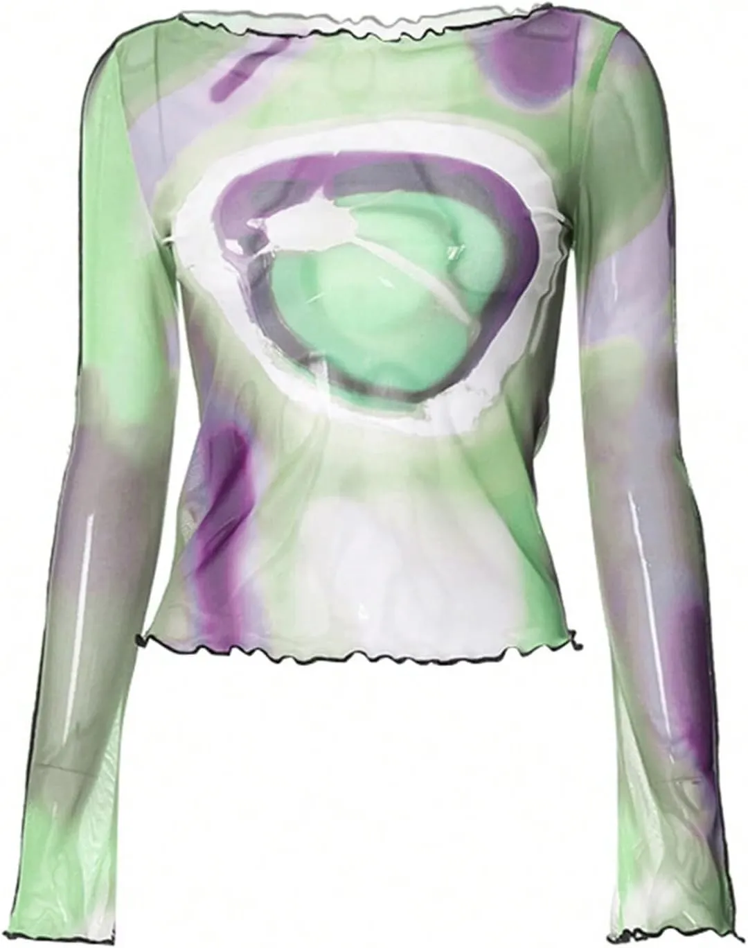 Remidoo Women's Sexy Sheer Mesh Crop Top Long Sleeve Crewneck See Through T Shirt