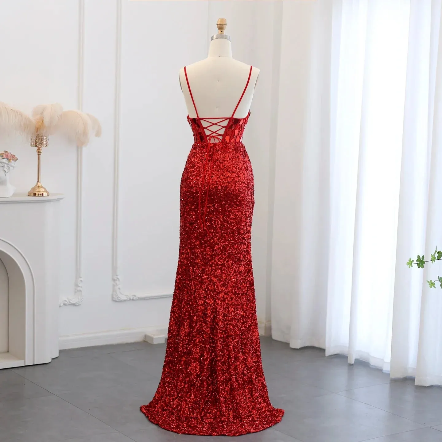 Sexy Spaghetti Burgundy Sequin Prom Evening Dress SS166