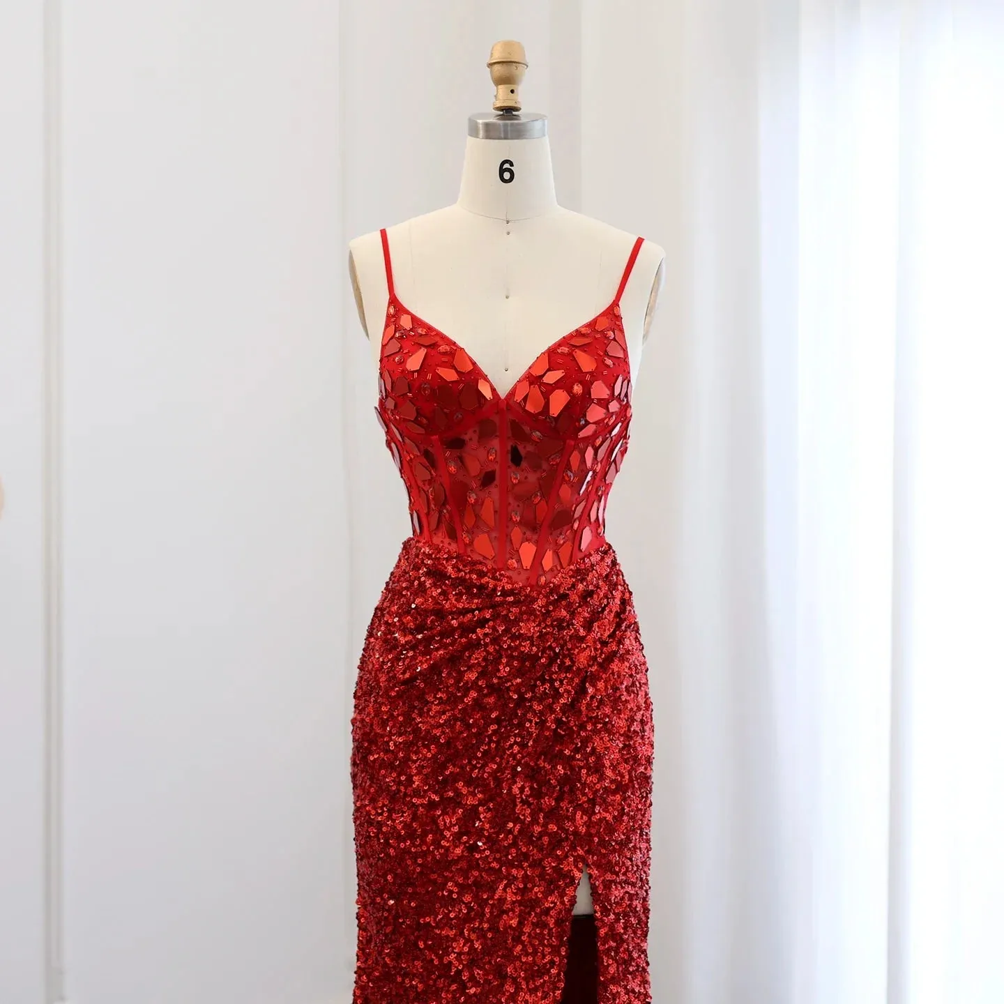 Sexy Spaghetti Burgundy Sequin Prom Evening Dress SS166