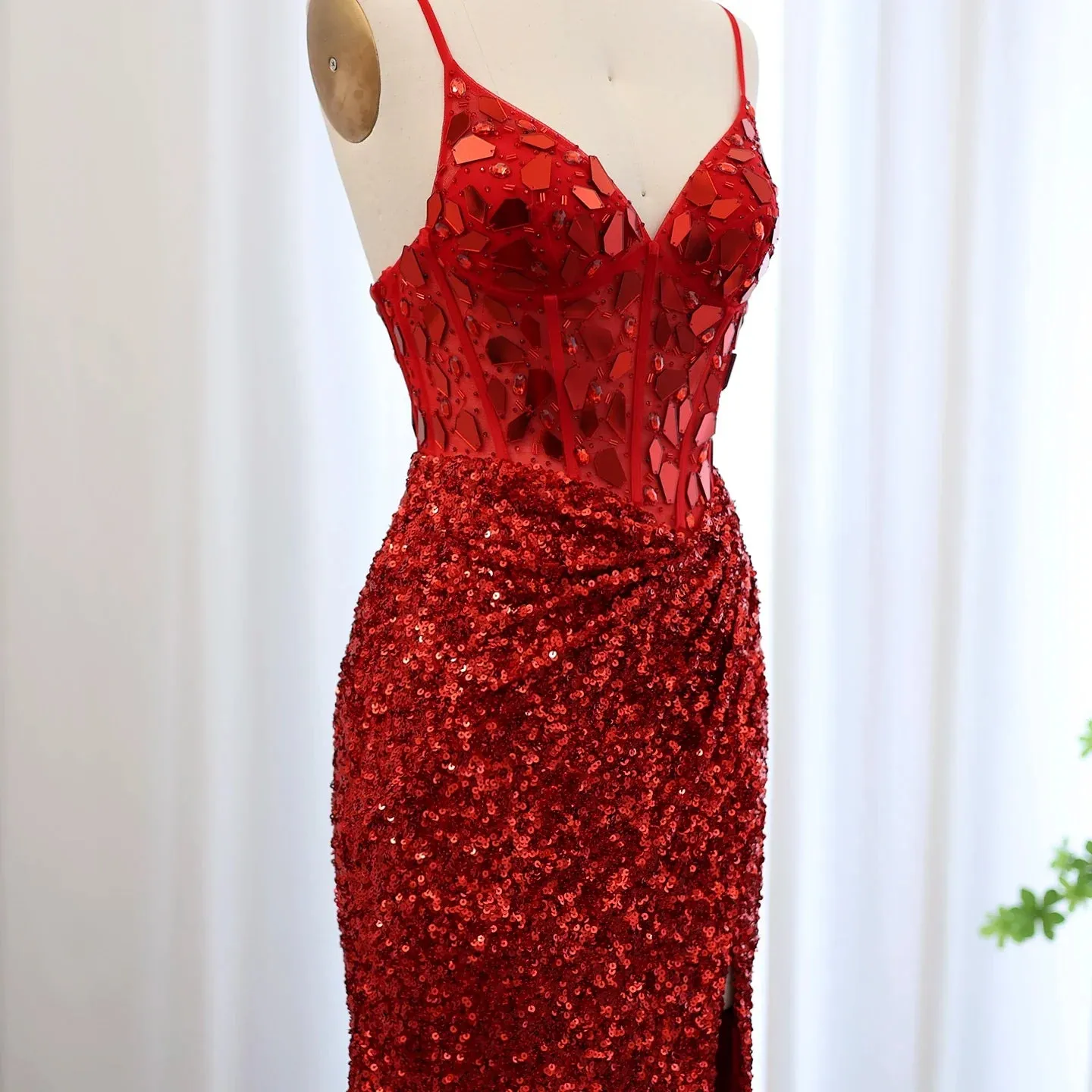 Sexy Spaghetti Burgundy Sequin Prom Evening Dress SS166
