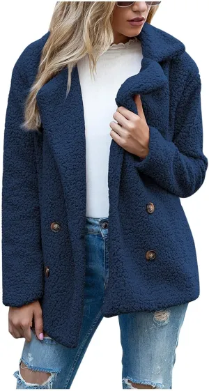 Sherpa Jacket Women Button Down Fuzzy Fleece Jacket with Pockets Winter Casual Lapel Neck Faux Fur Coat Outerwear