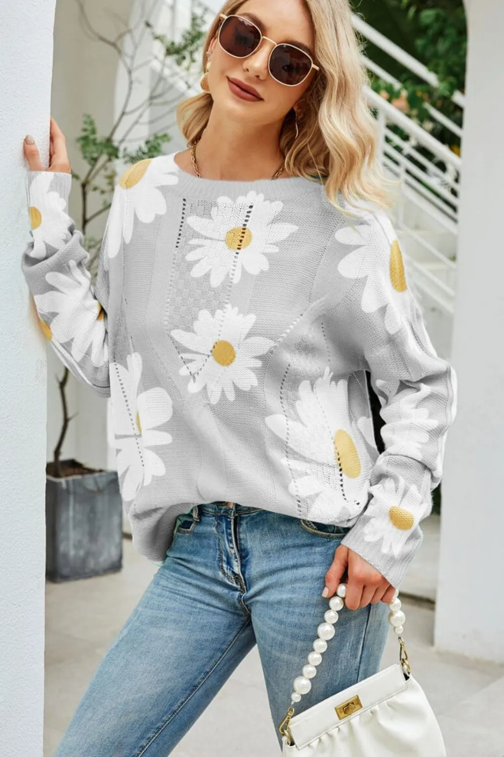 Spring Daisy Print Openwork Round Neck Sweater S-XL