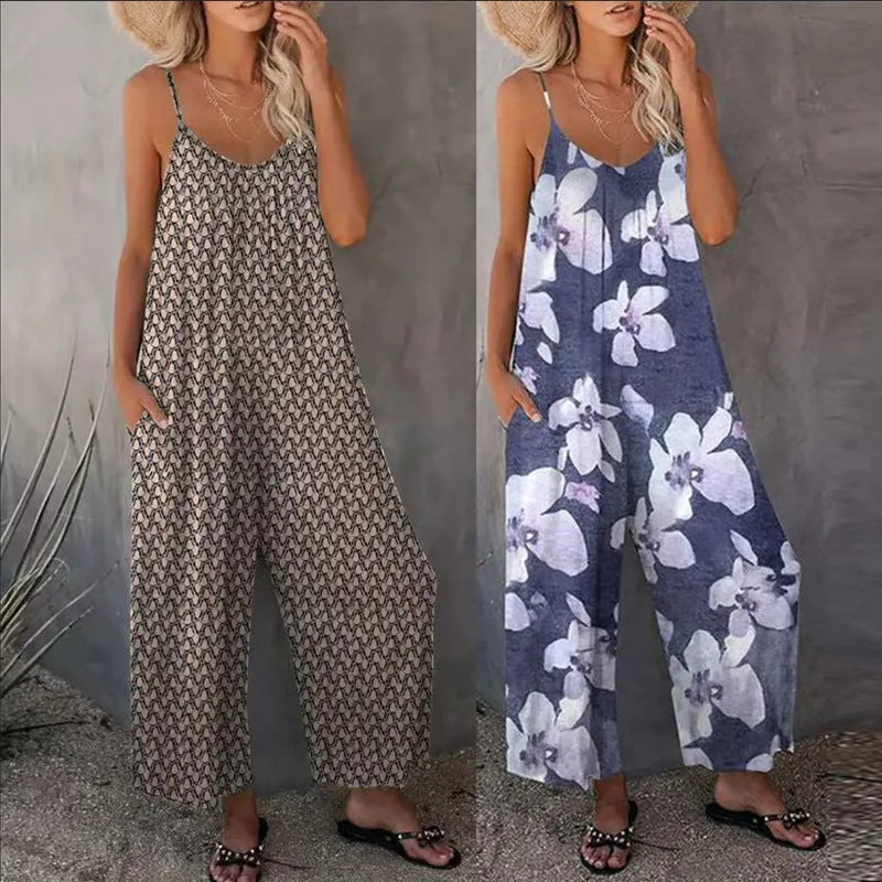 Summer Women Printed Casual Sleeveless Loose Wide Leg Jumpsuit