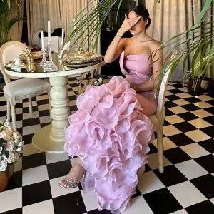 TAVIMART  -  Pink Flouncing Mermaid Evening Dresses Strapless Arabic Long Prom Dressing Gowns Satin Ruffles Custom Made Women Formal Party W