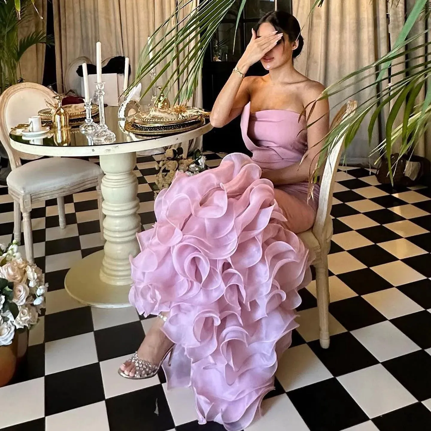TAVIMART  -  Pink Flouncing Mermaid Evening Dresses Strapless Arabic Long Prom Dressing Gowns Satin Ruffles Custom Made Women Formal Party W