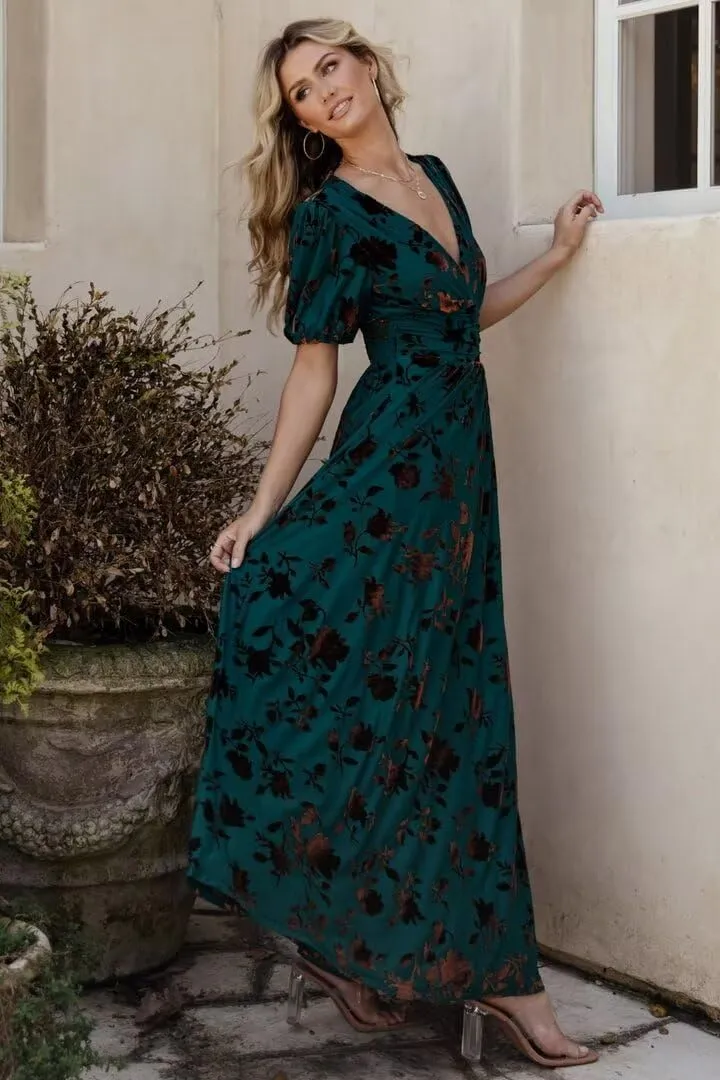 Velvet Dress for Women Burnout Floral Maxi Dress V Neck Puffy Sleeve Formal Evening Party Gowns