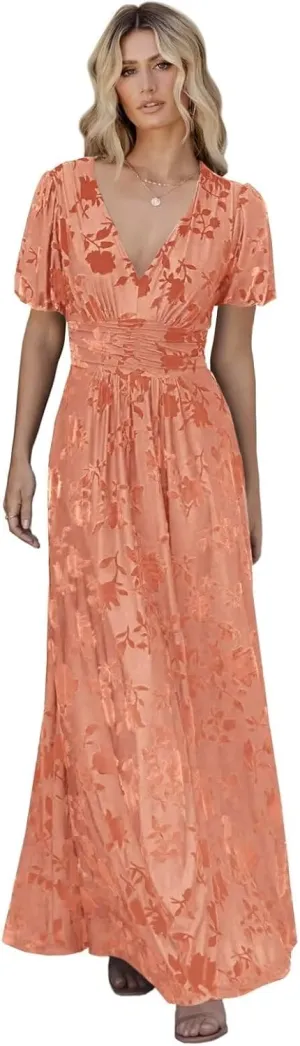 Velvet Dress for Women Burnout Floral Maxi Dress V Neck Puffy Sleeve Formal Evening Party Gowns