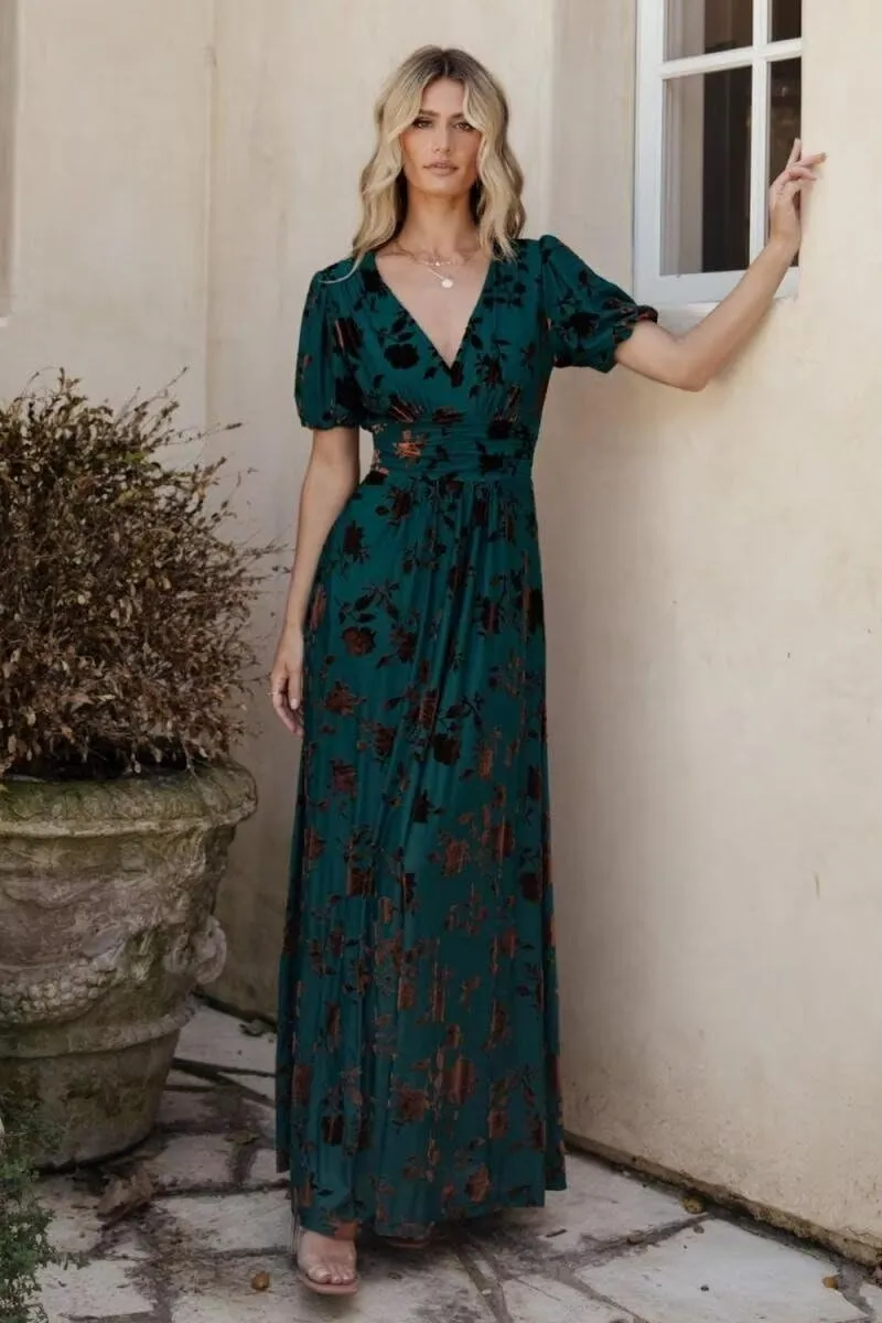Velvet Dress for Women Burnout Floral Maxi Dress V Neck Puffy Sleeve Formal Evening Party Gowns