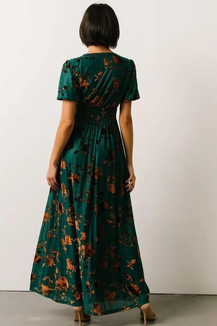 Velvet Dress for Women Burnout Floral Maxi Dress V Neck Puffy Sleeve Formal Evening Party Gowns
