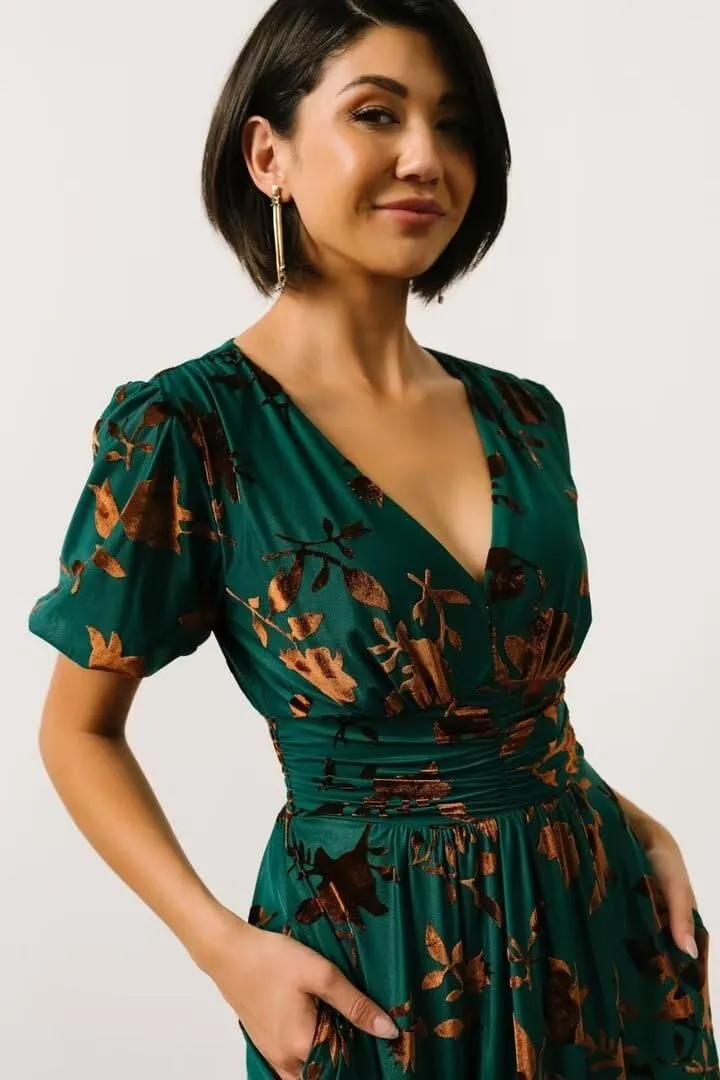 Velvet Dress for Women Burnout Floral Maxi Dress V Neck Puffy Sleeve Formal Evening Party Gowns